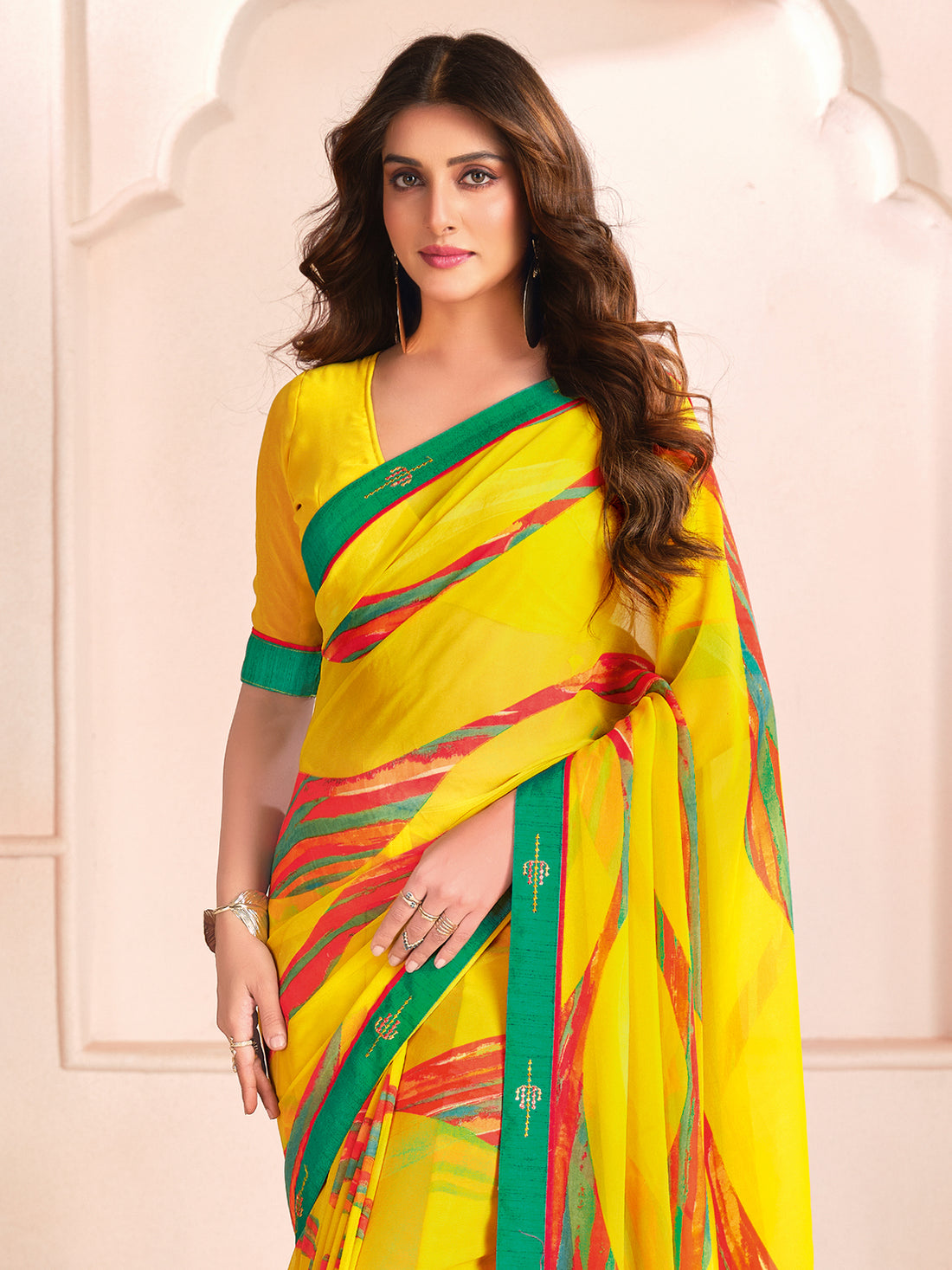 Enchanting Yellow Digital Printed Georgette Traditional Saree With Blouse