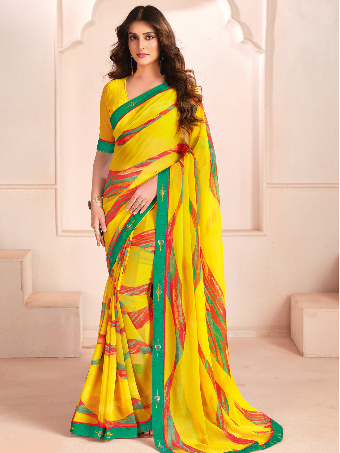 Enchanting Yellow Digital Printed Georgette Traditional Saree With Blouse