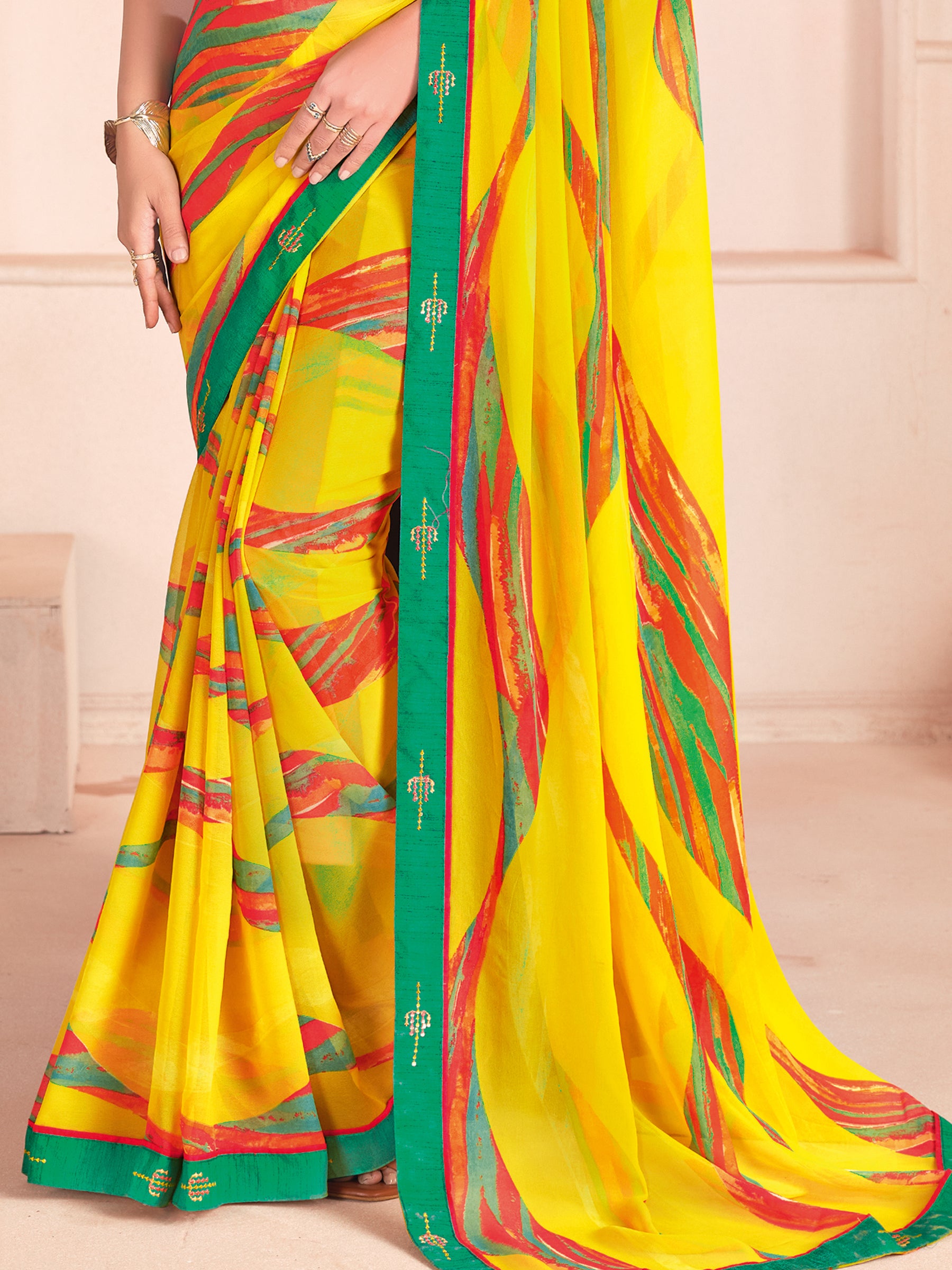 Enchanting Yellow Digital Printed Georgette Traditional Saree With Blouse