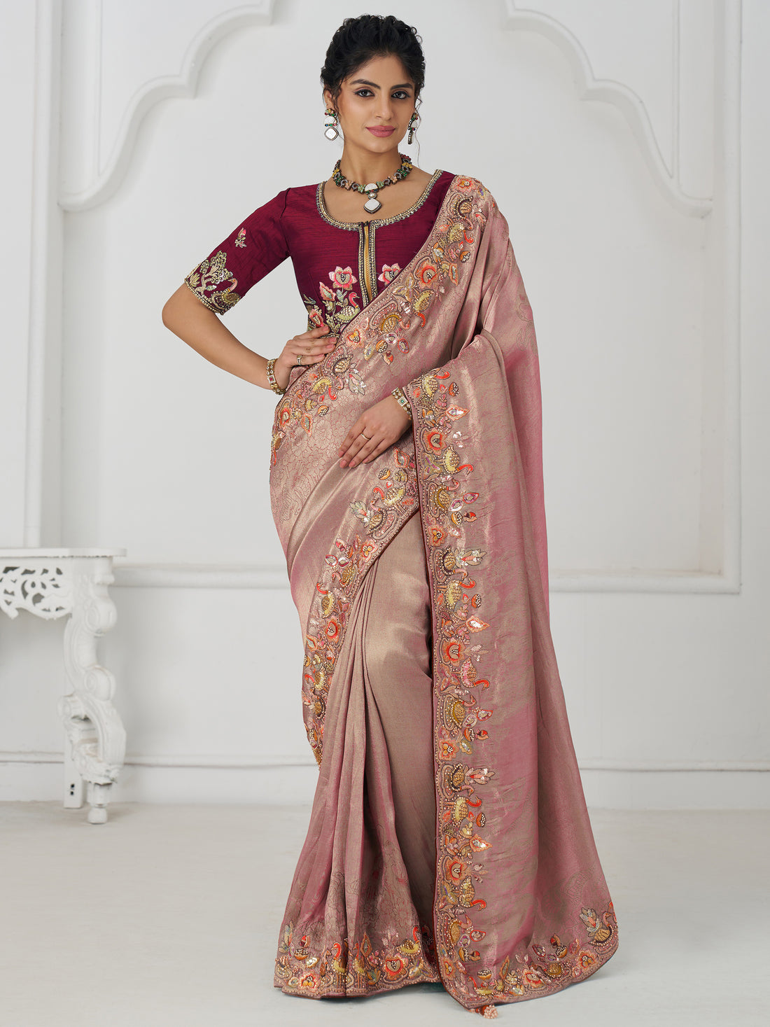 Fascinating Pink Thread Work Dola Silk Reception Wear Saree With Blouse