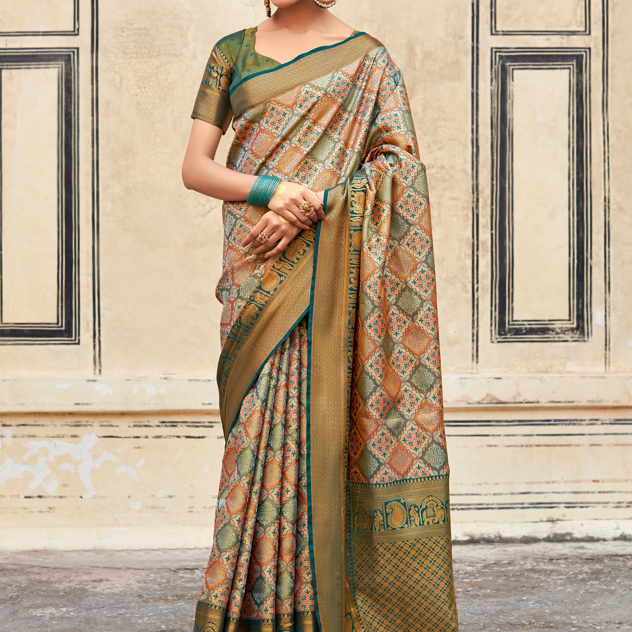 Fetching Multi-Color Zari Weaving Silk Occasions Wear Saree