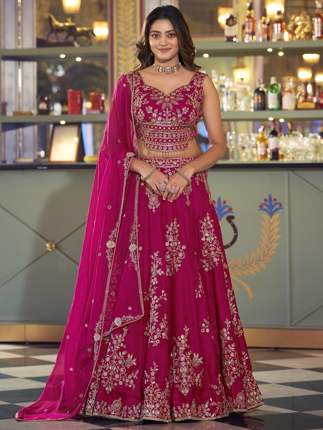 Enchanting Rani Pink Embroidered Silk Wedding Wear Lehenga Choli With Dupatta