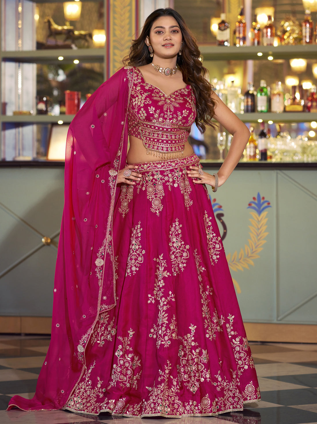 Enchanting Rani Pink Embroidered Silk Wedding Wear Lehenga Choli With Dupatta
