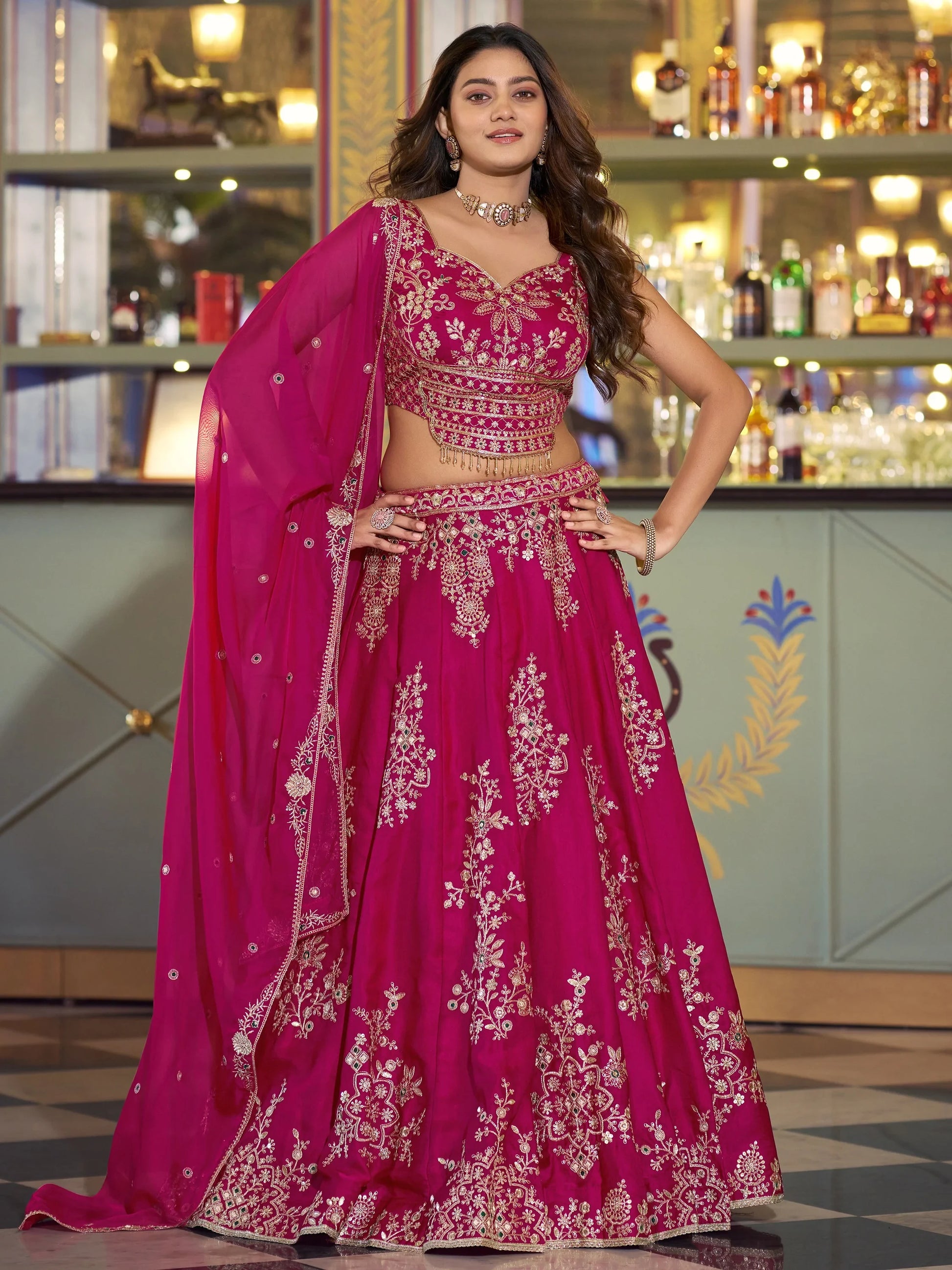 Enchanting Rani Pink Embroidered Silk Wedding Wear Lehenga Choli With Dupatta