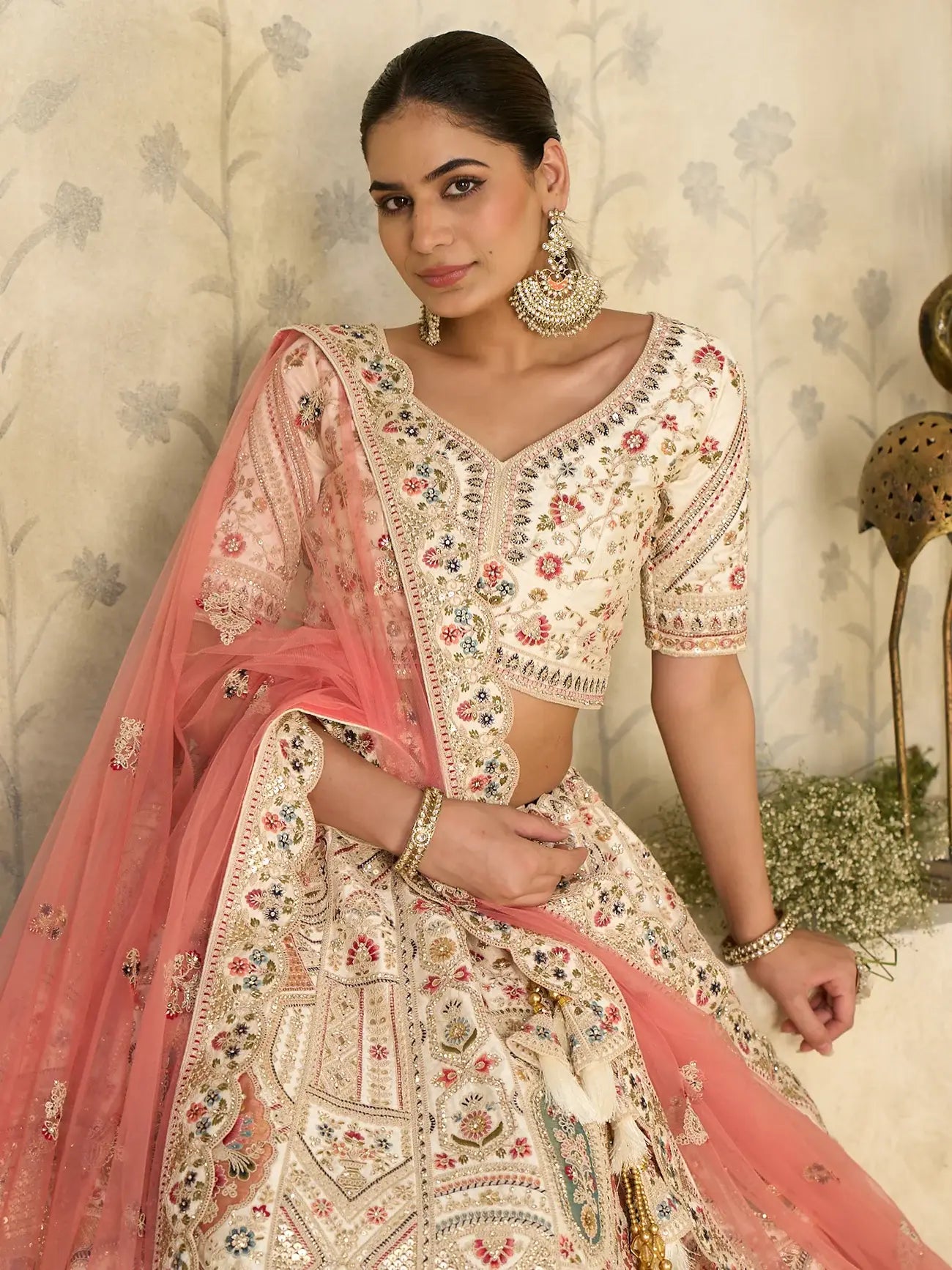 Stellar Cream Thread Embroidered Silk Bridal Lehenga Choli With Dupatta