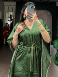 Fabulous Green Printed Gaji Silk Casual Wear Kaftan