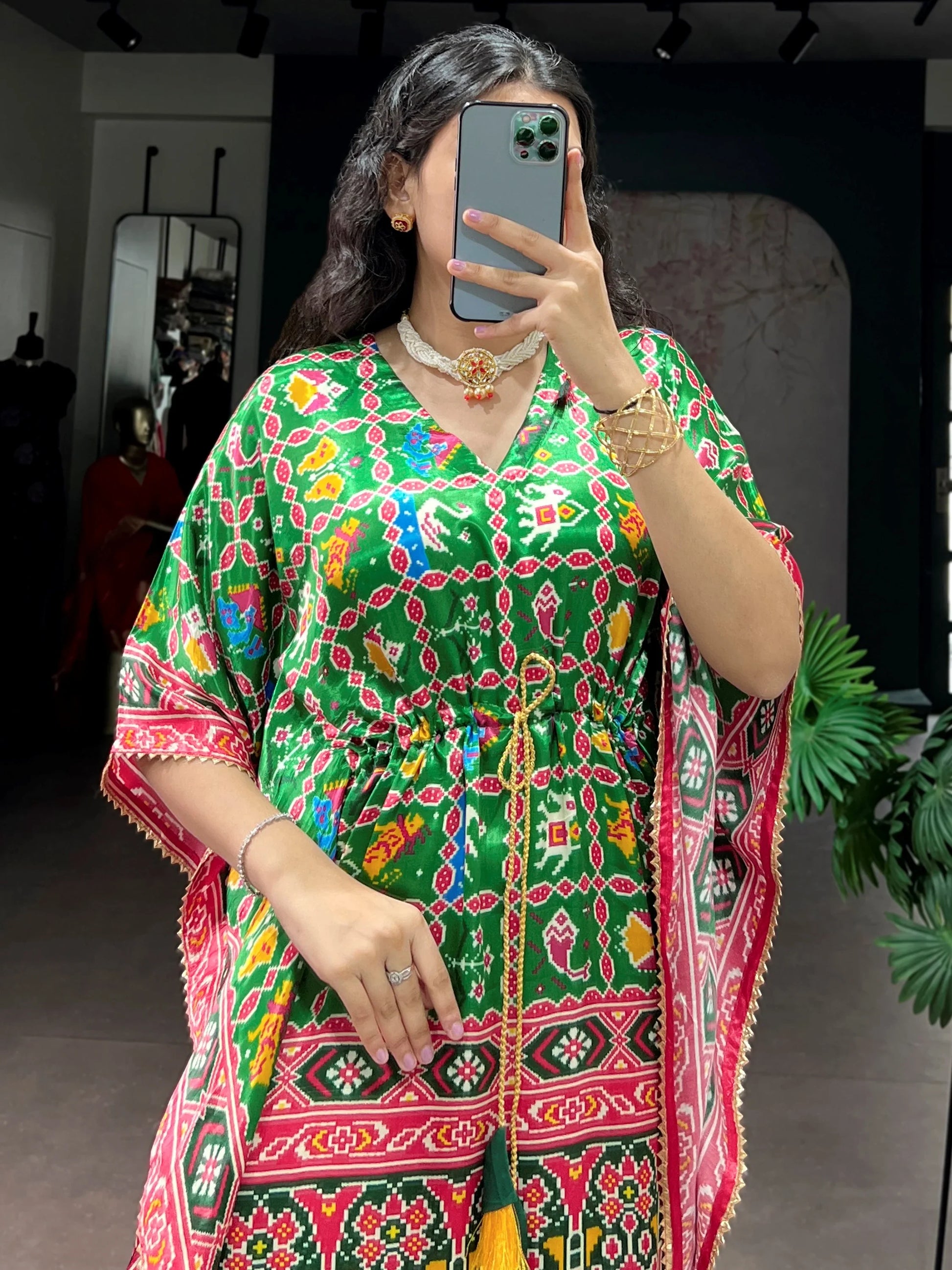 Awesome Green Printed Gaji Silk Event Wear Kaftan