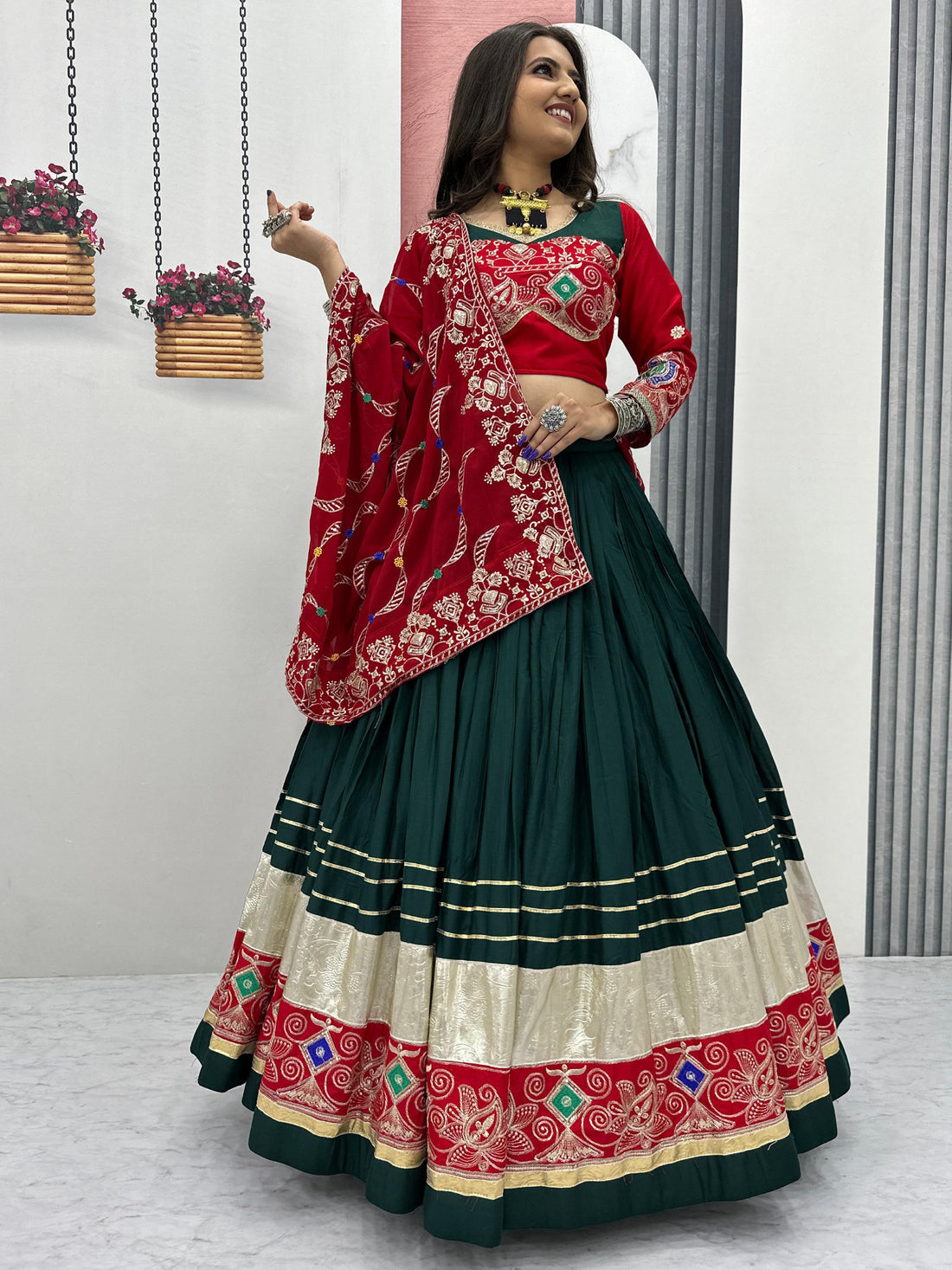 Beautiful Bottle Green Thread Work Cotton Navratri Special Lehenga With Blouse