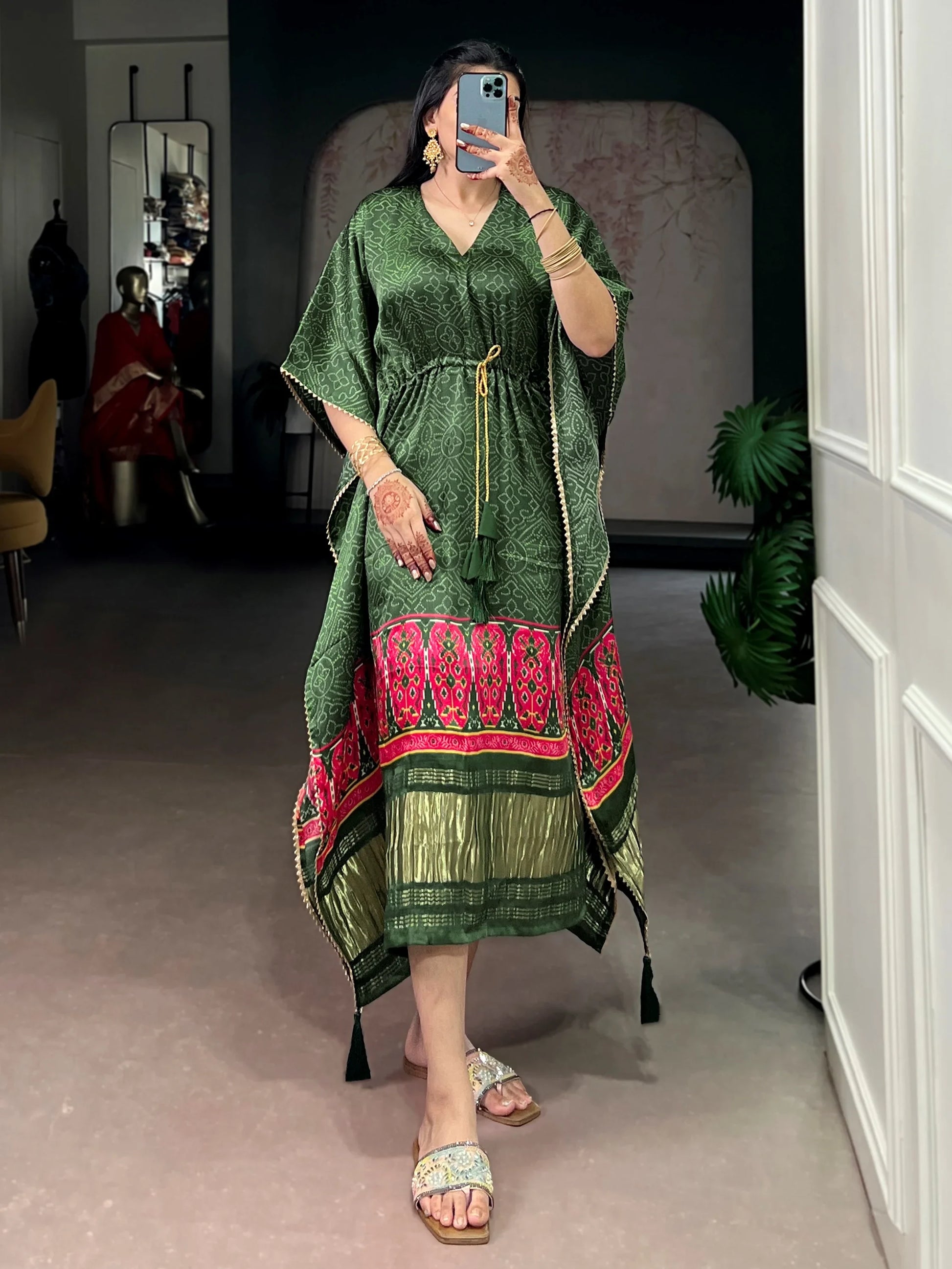 Fabulous Green Printed Gaji Silk Casual Wear Kaftan