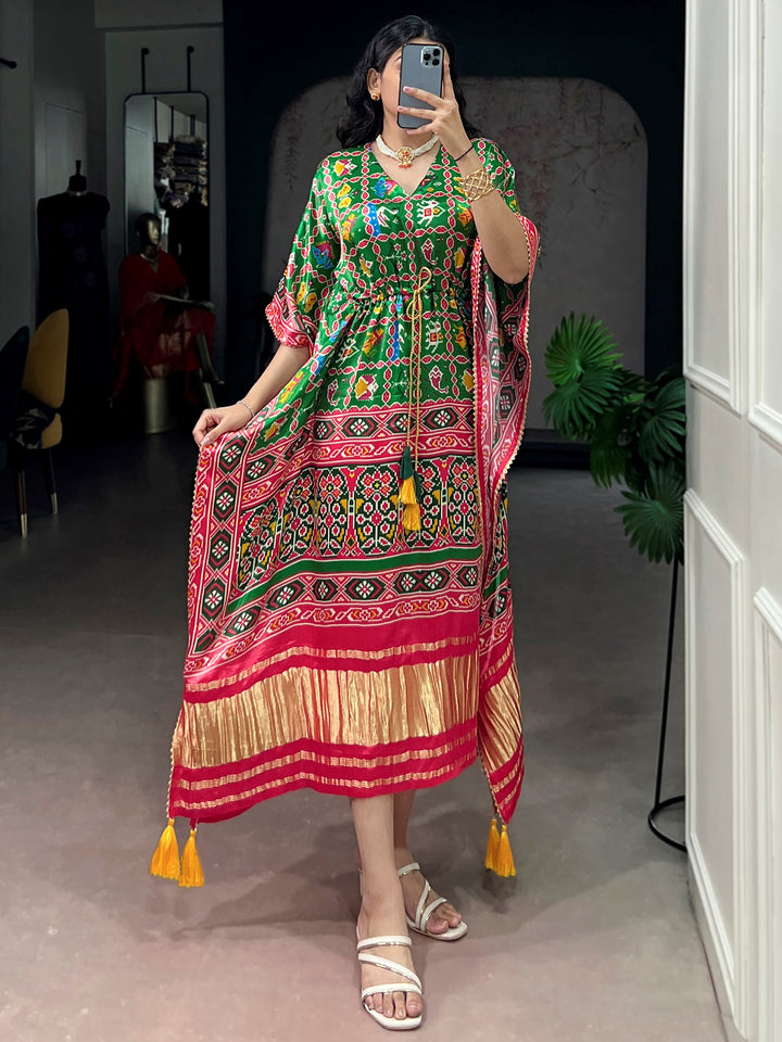 Awesome Green Printed Gaji Silk Event Wear Kaftan