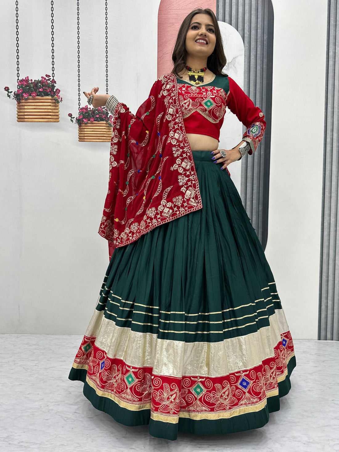 Beautiful Bottle Green Thread Work Cotton Navratri Special Lehenga With Blouse