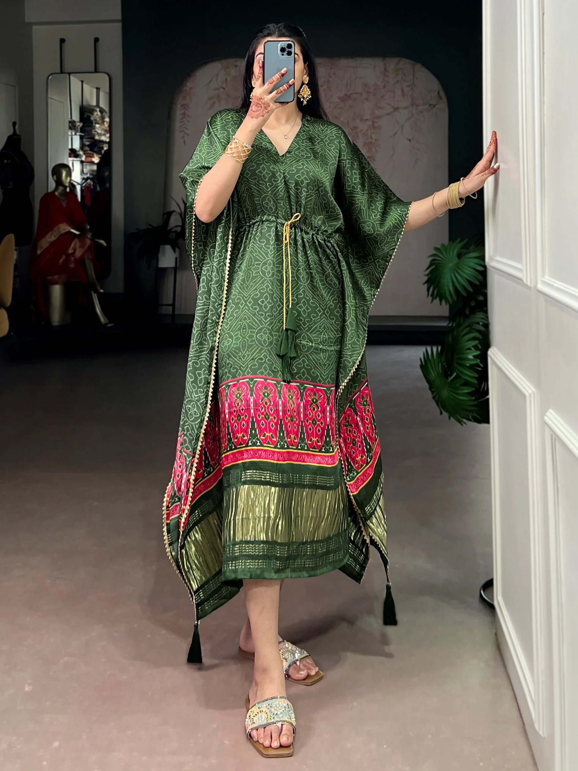 Fabulous Green Printed Gaji Silk Casual Wear Kaftan