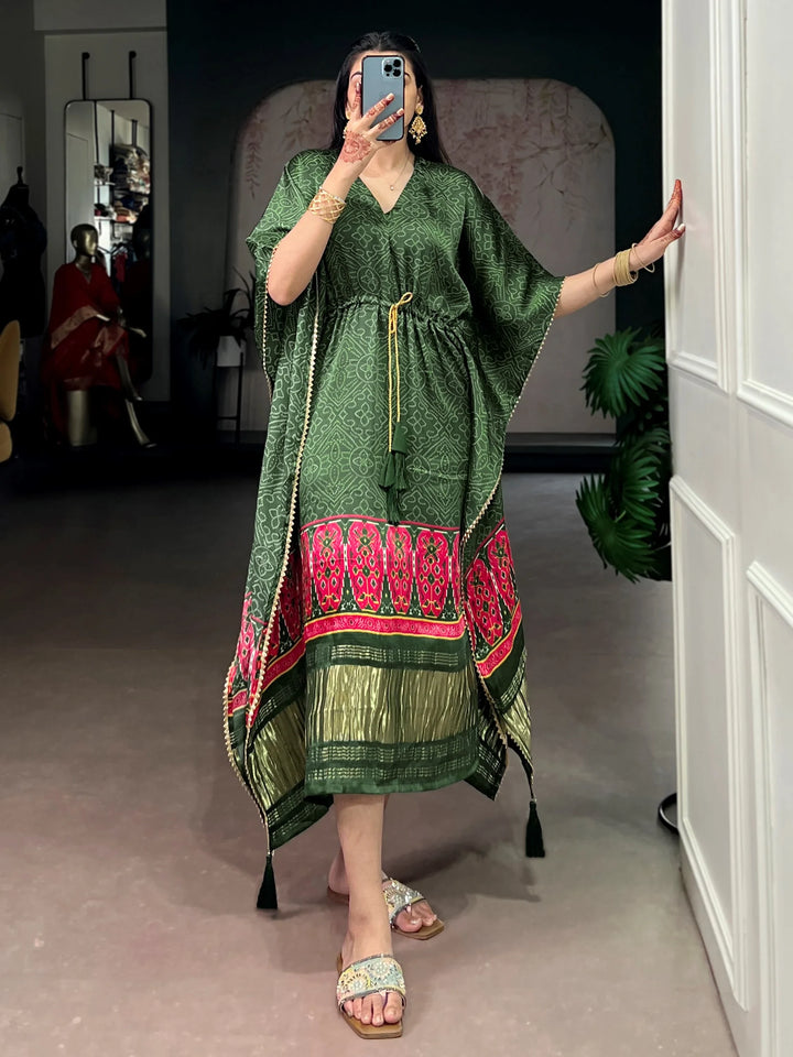 Fabulous Green Printed Gaji Silk Casual Wear Kaftan