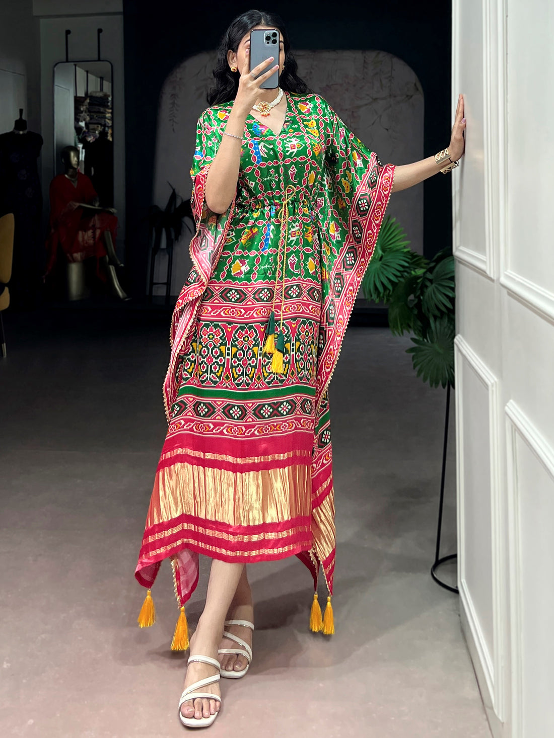Awesome Green Printed Gaji Silk Event Wear Kaftan