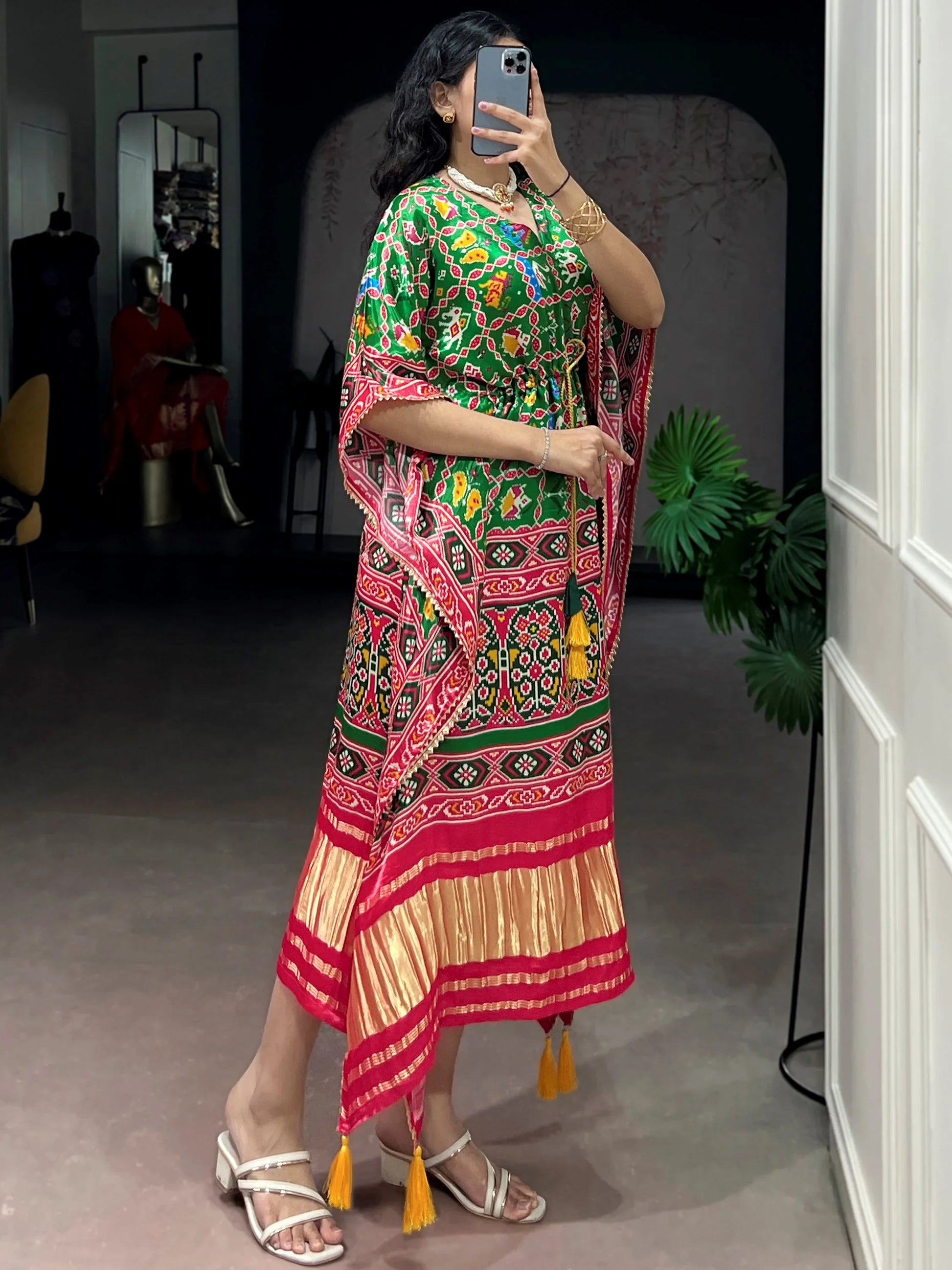 Awesome Green Printed Gaji Silk Event Wear Kaftan