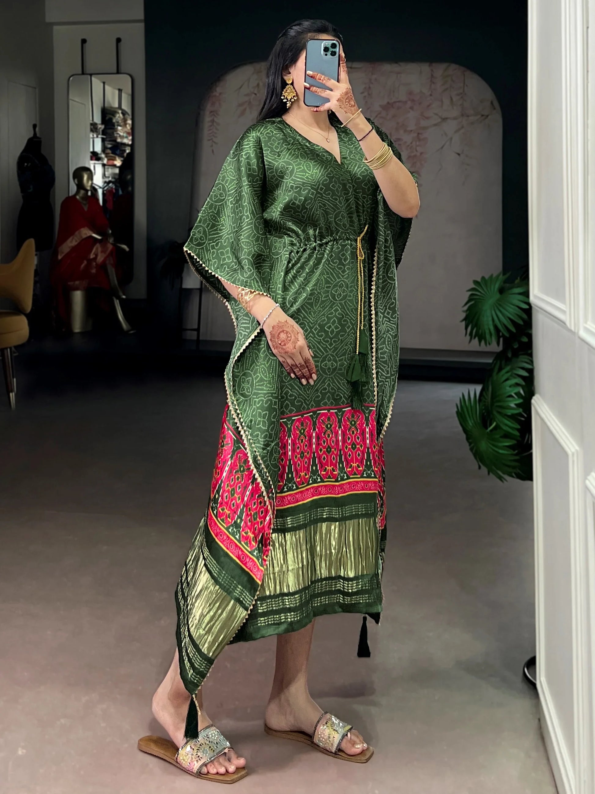 Fabulous Green Printed Gaji Silk Casual Wear Kaftan