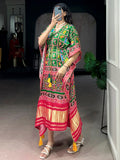 Awesome Green Printed Gaji Silk Event Wear Kaftan