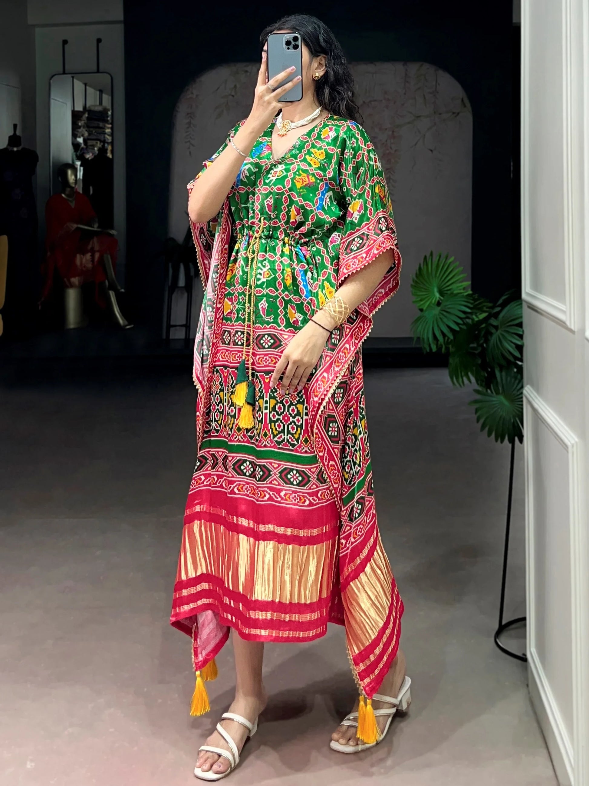 Awesome Green Printed Gaji Silk Event Wear Kaftan