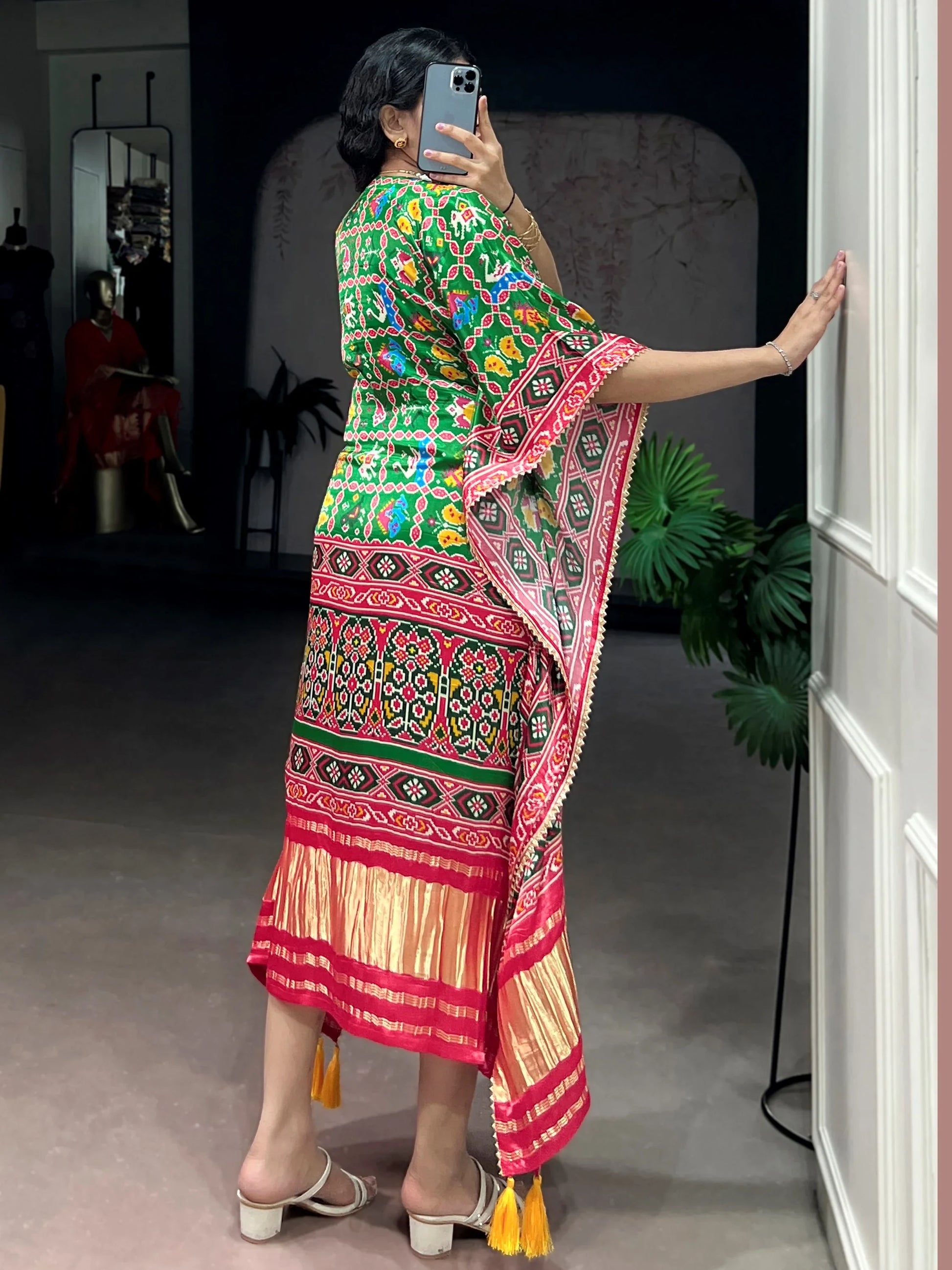 Awesome Green Printed Gaji Silk Event Wear Kaftan
