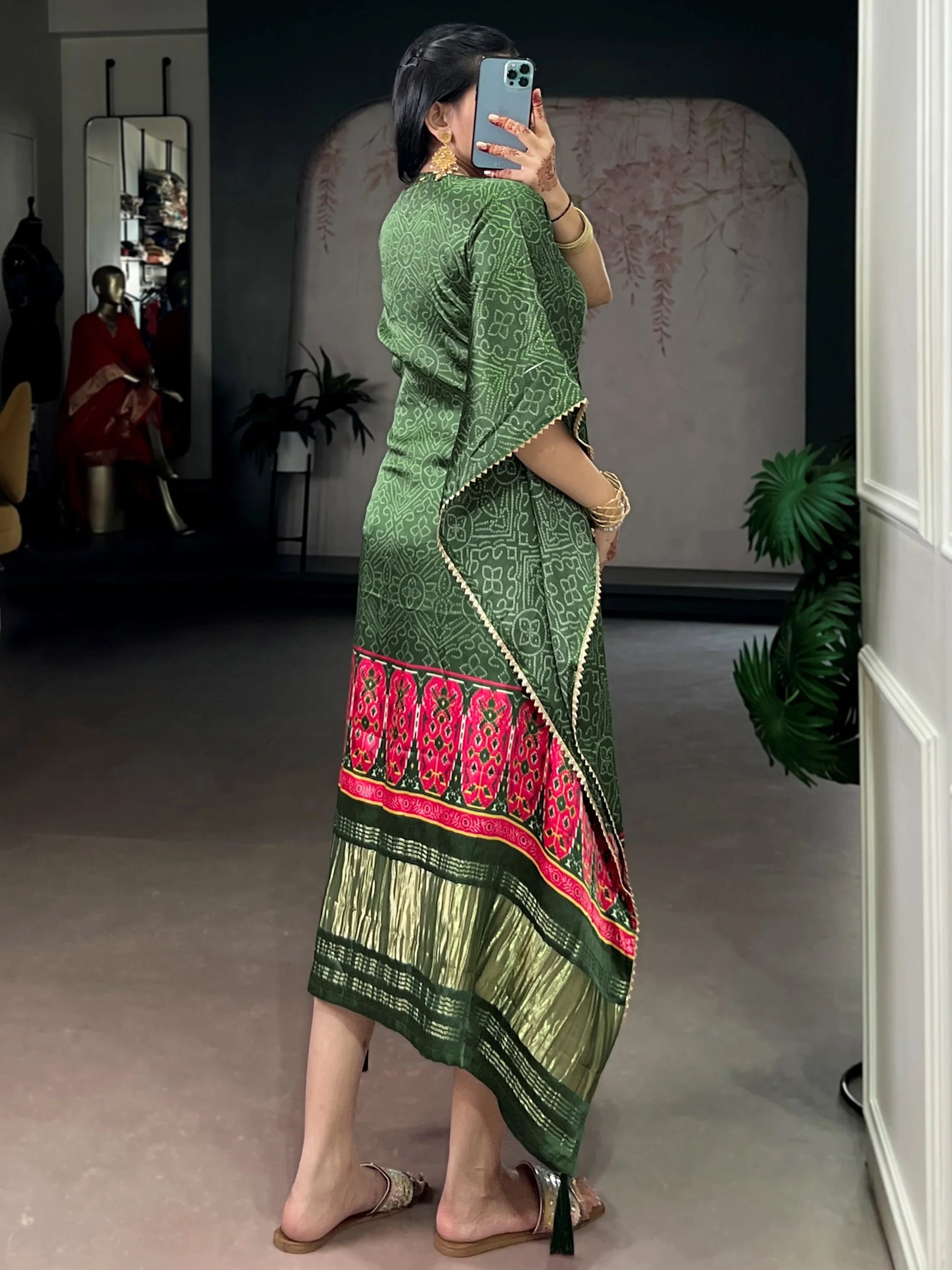 Fabulous Green Printed Gaji Silk Casual Wear Kaftan