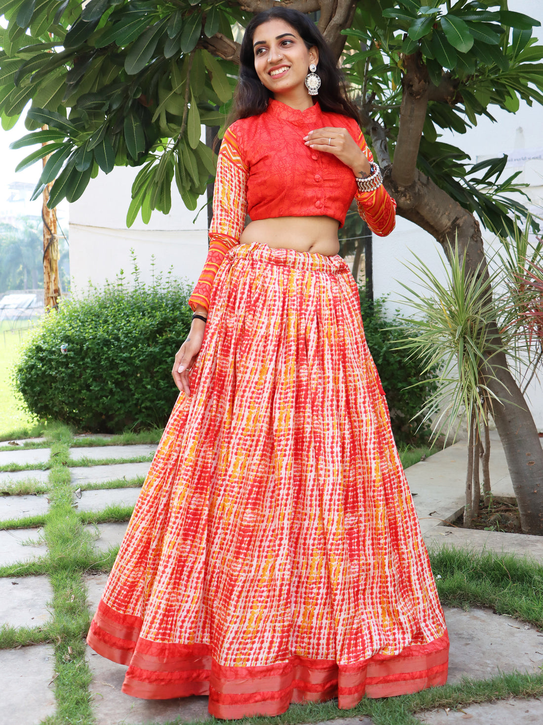 Fabulous Orange Printed Tussar Silk Festival Wear Lehenga Choli