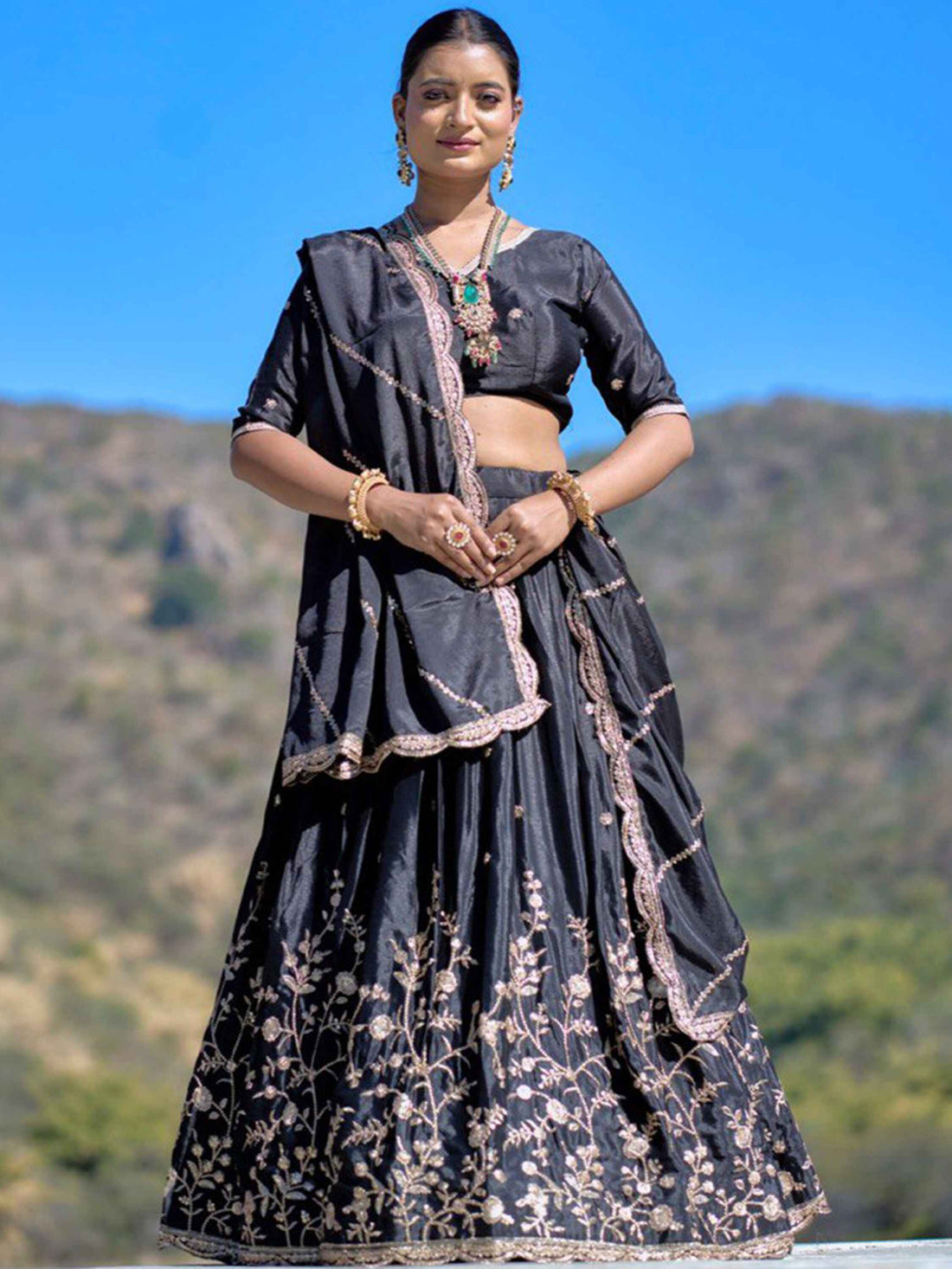 Glamorous Black Zari Work Chinon Event Wear Lehenga Choli