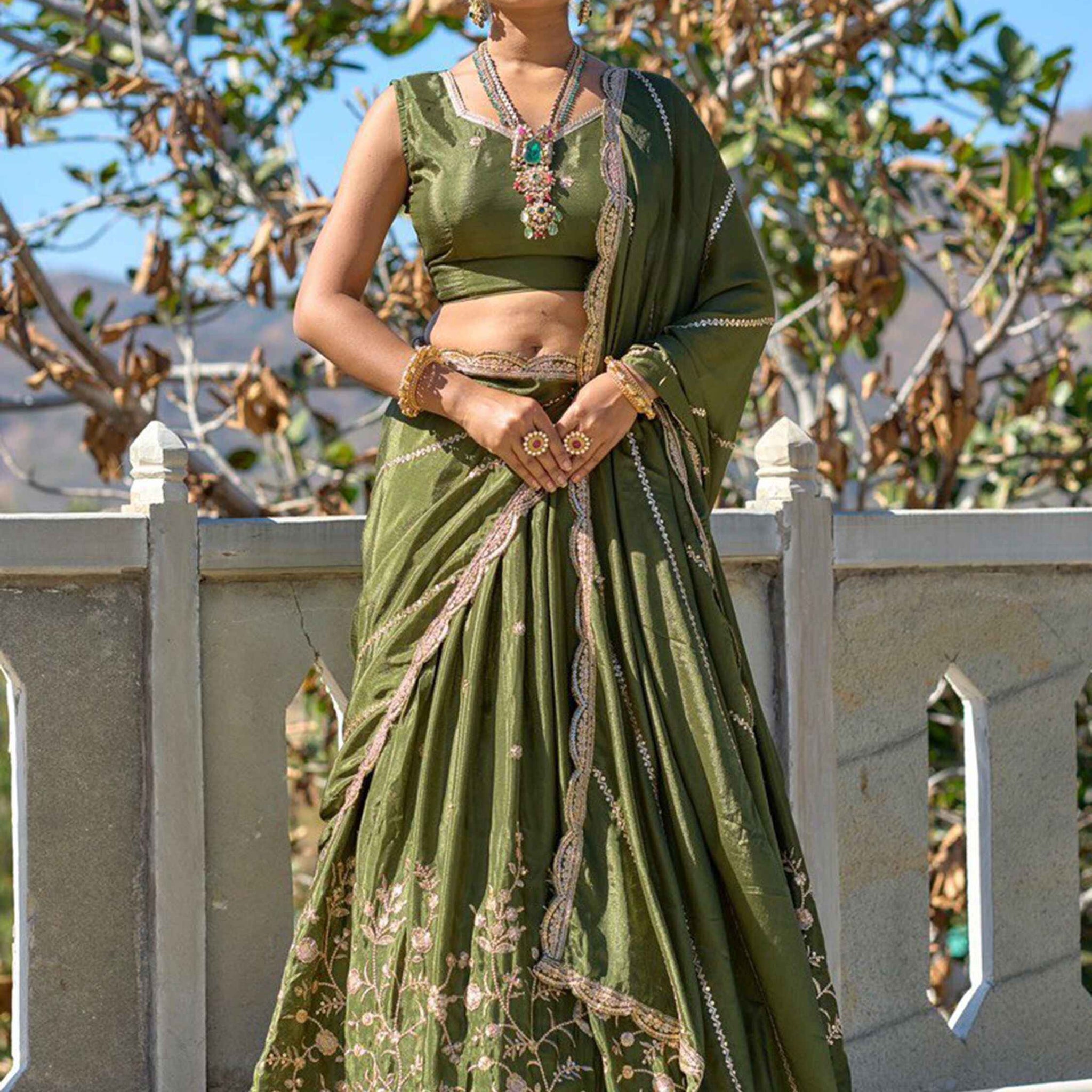 Glorious Olive Green Sequins Chinon Mehendi Wear Lehenga Choli