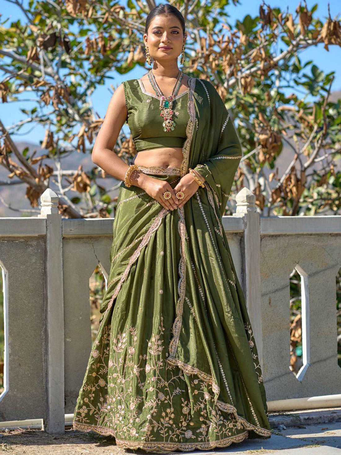Glorious Olive Green Sequins Chinon Mehendi Wear Lehenga Choli