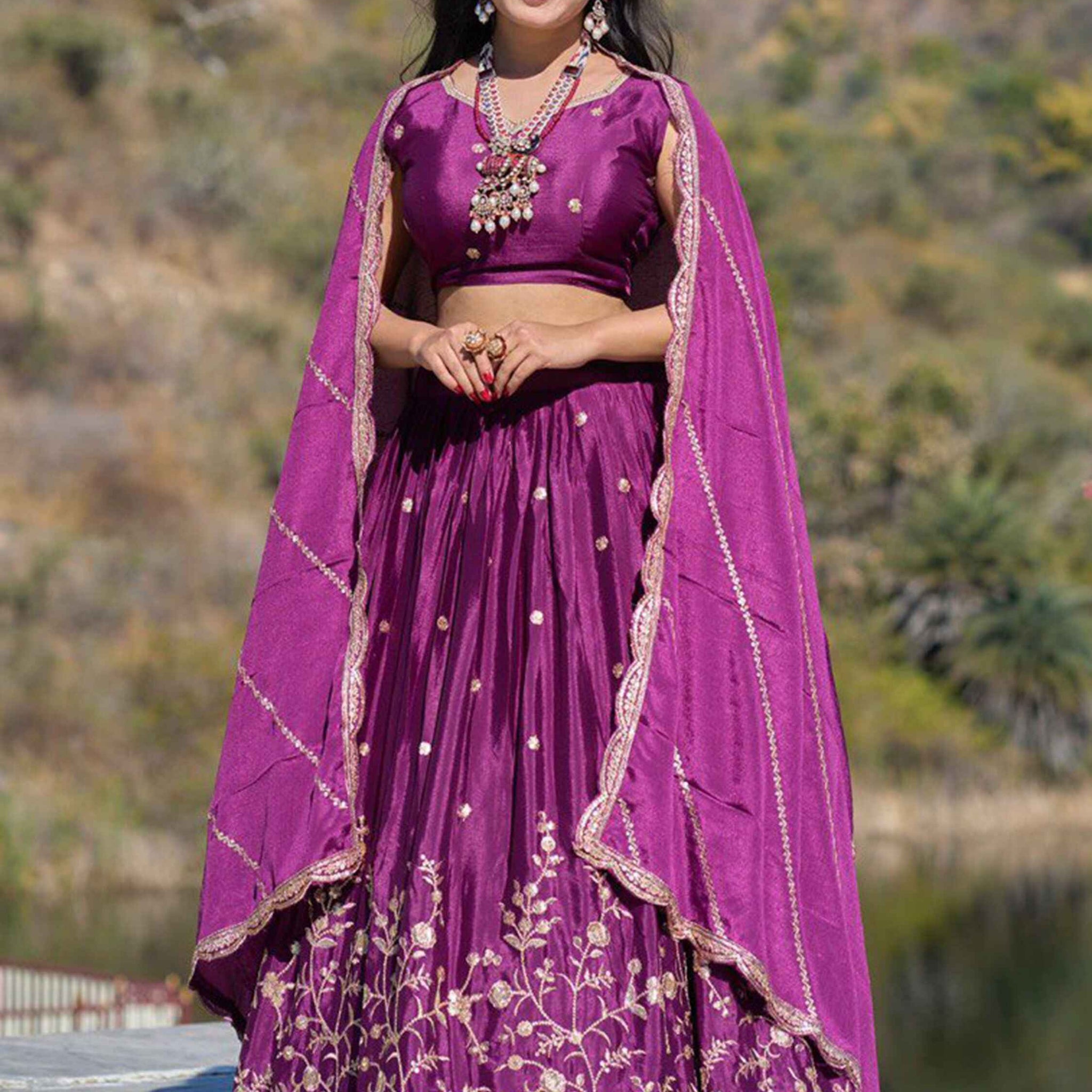 Attractive Wine Thread Work Chinon Wedding Wear Lehenga Choli