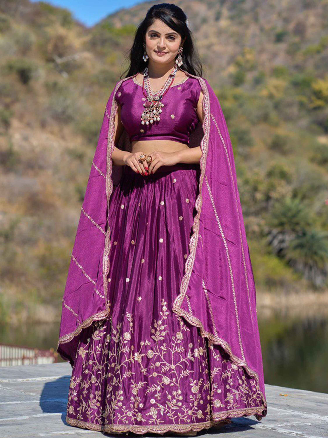 Attractive Wine Thread Work Chinon Wedding Wear Lehenga Choli