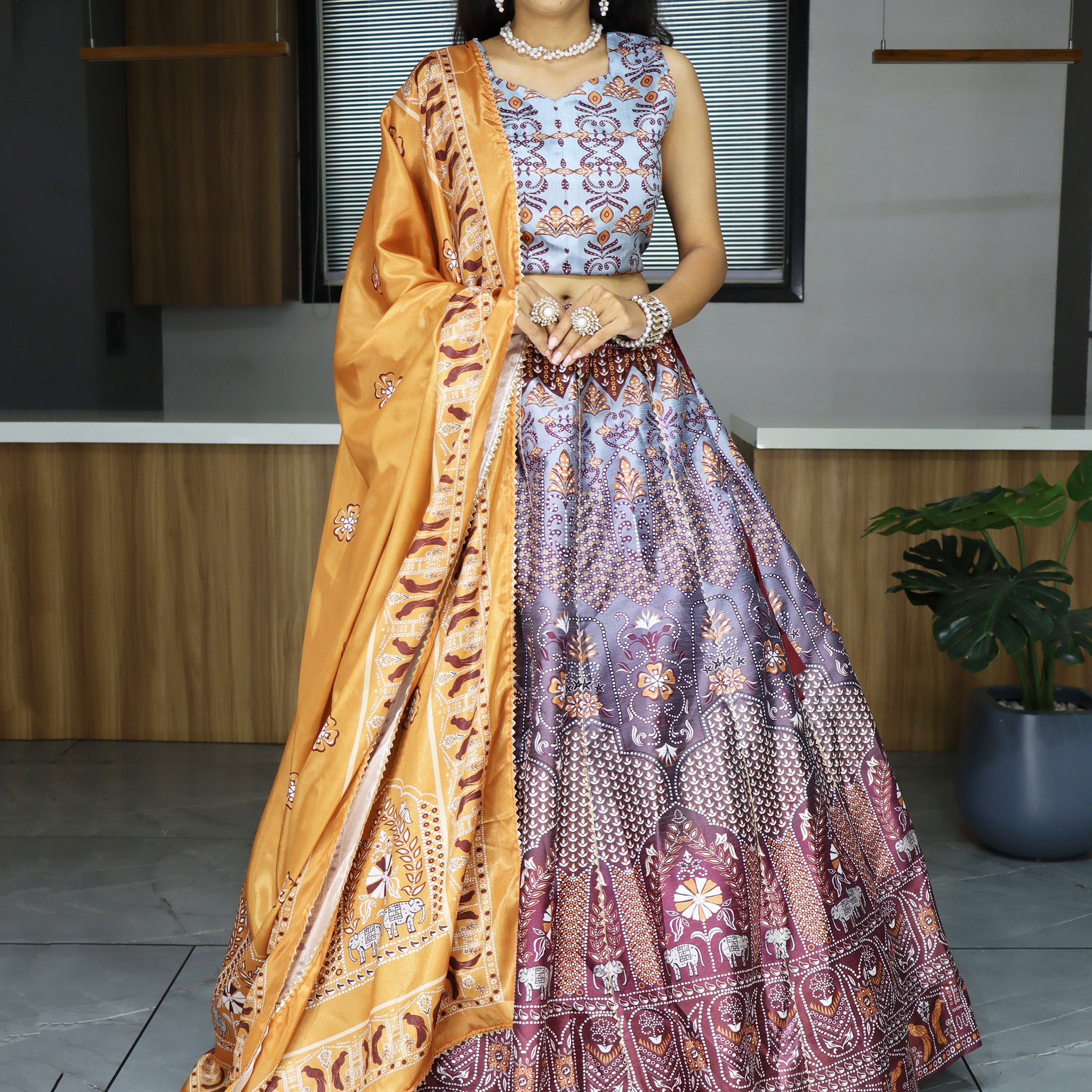 Beautiful Grey Digital Printed Art Silk Traditional Lehenga Choli