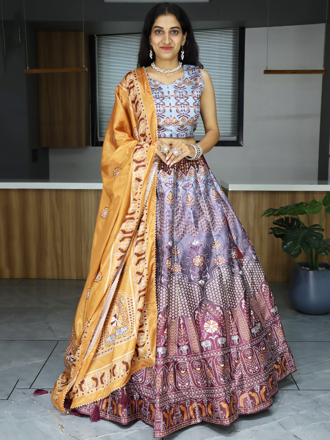 Beautiful Grey Digital Printed Art Silk Traditional Lehenga Choli