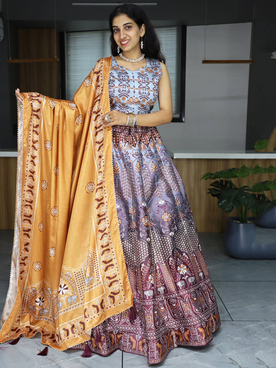 Beautiful Grey Digital Printed Art Silk Traditional Lehenga Choli