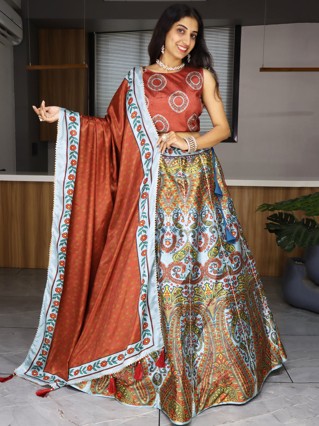 Attractive Multi-Color Printed Art Silk Lehenga Choli With Dupatta