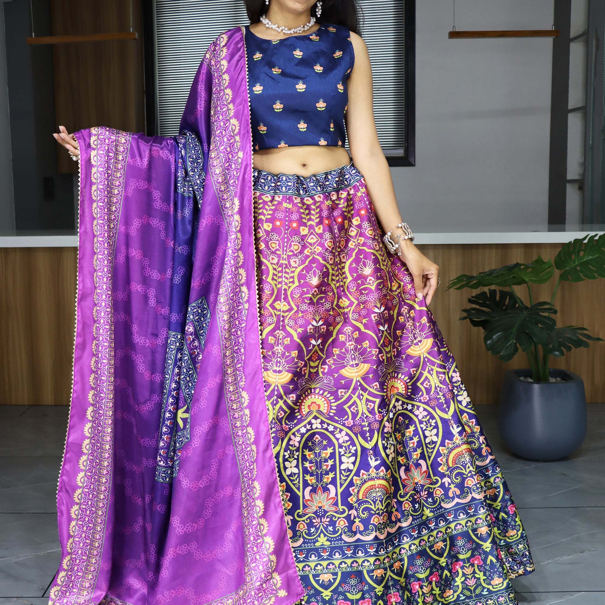 Fabulous Purple Digital Printed Art Silk Festival Wear Lehenga Choli