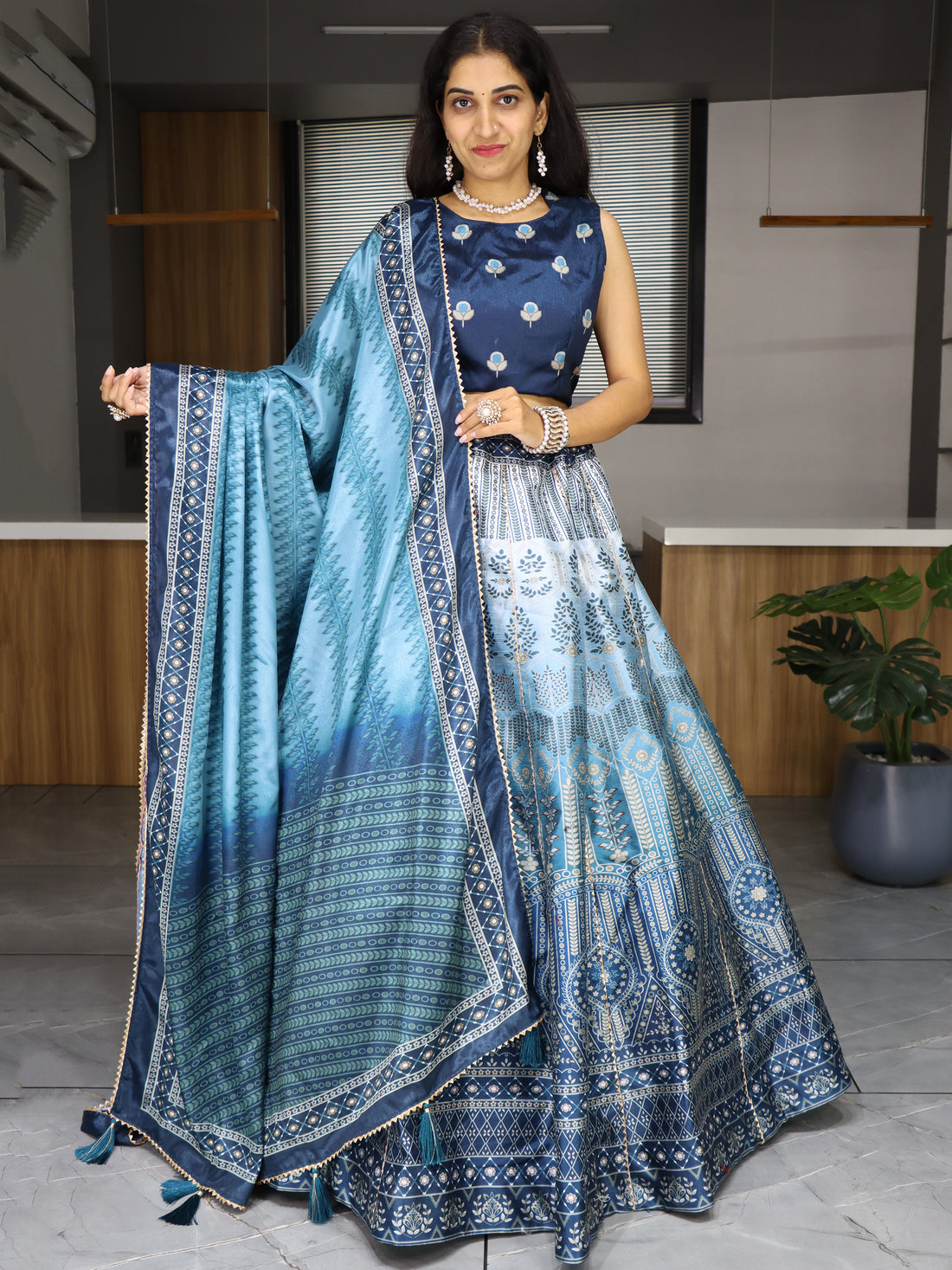 Dazzling Sky Blue Printed Art Silk Event Wear Lehenga Choli