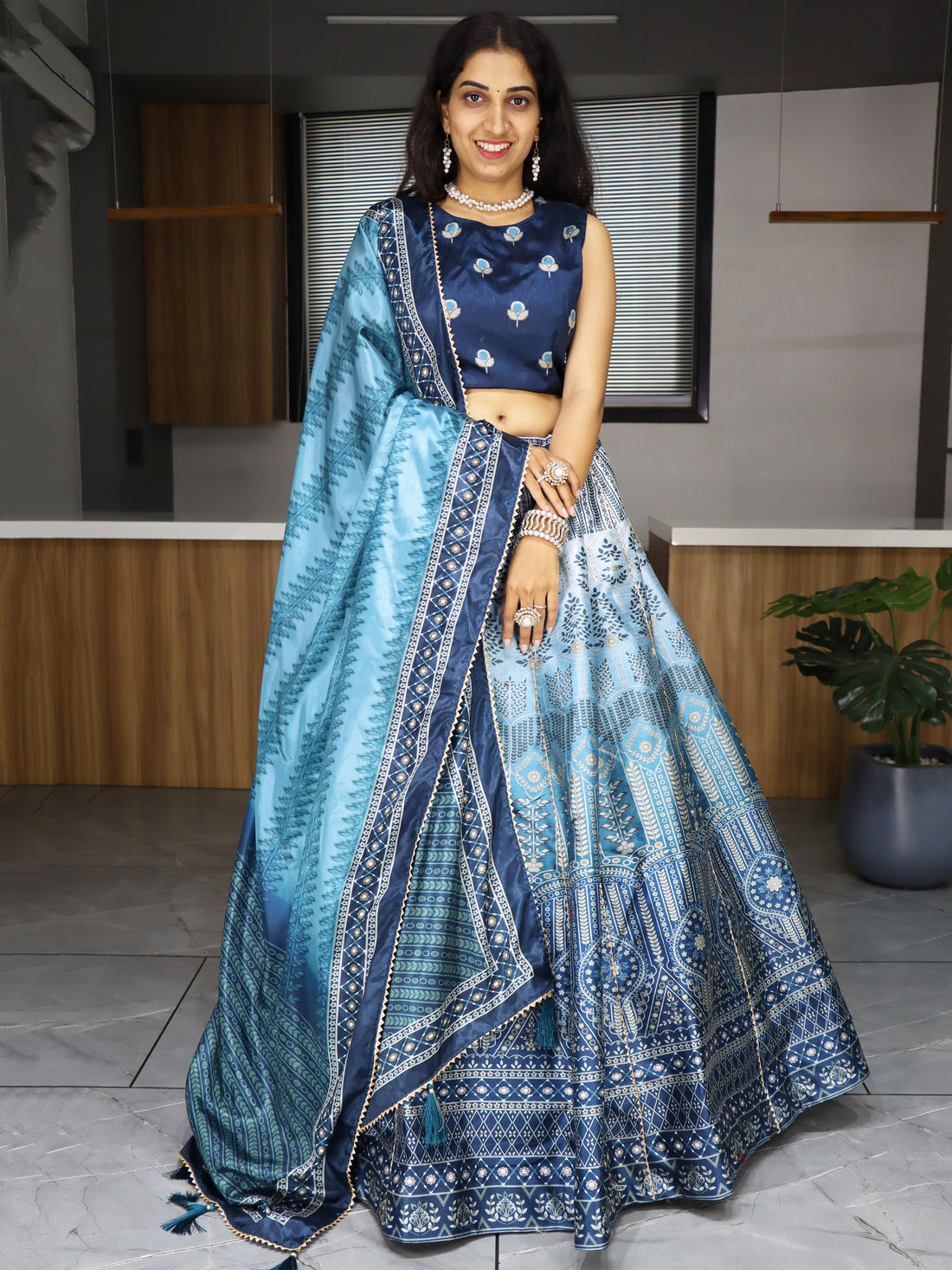 Dazzling Sky Blue Printed Art Silk Event Wear Lehenga Choli