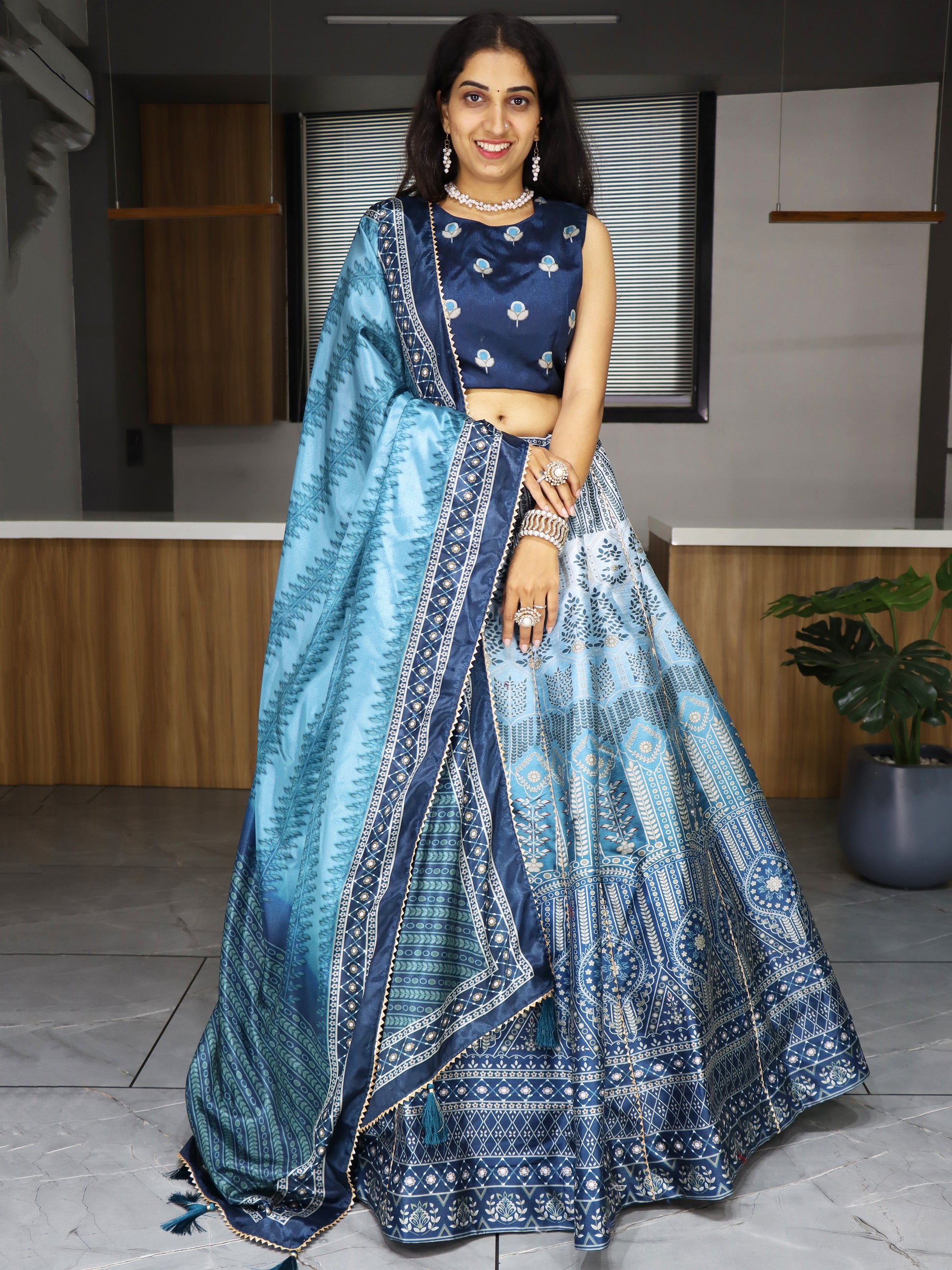 Dazzling Sky Blue Printed Art Silk Event Wear Lehenga Choli