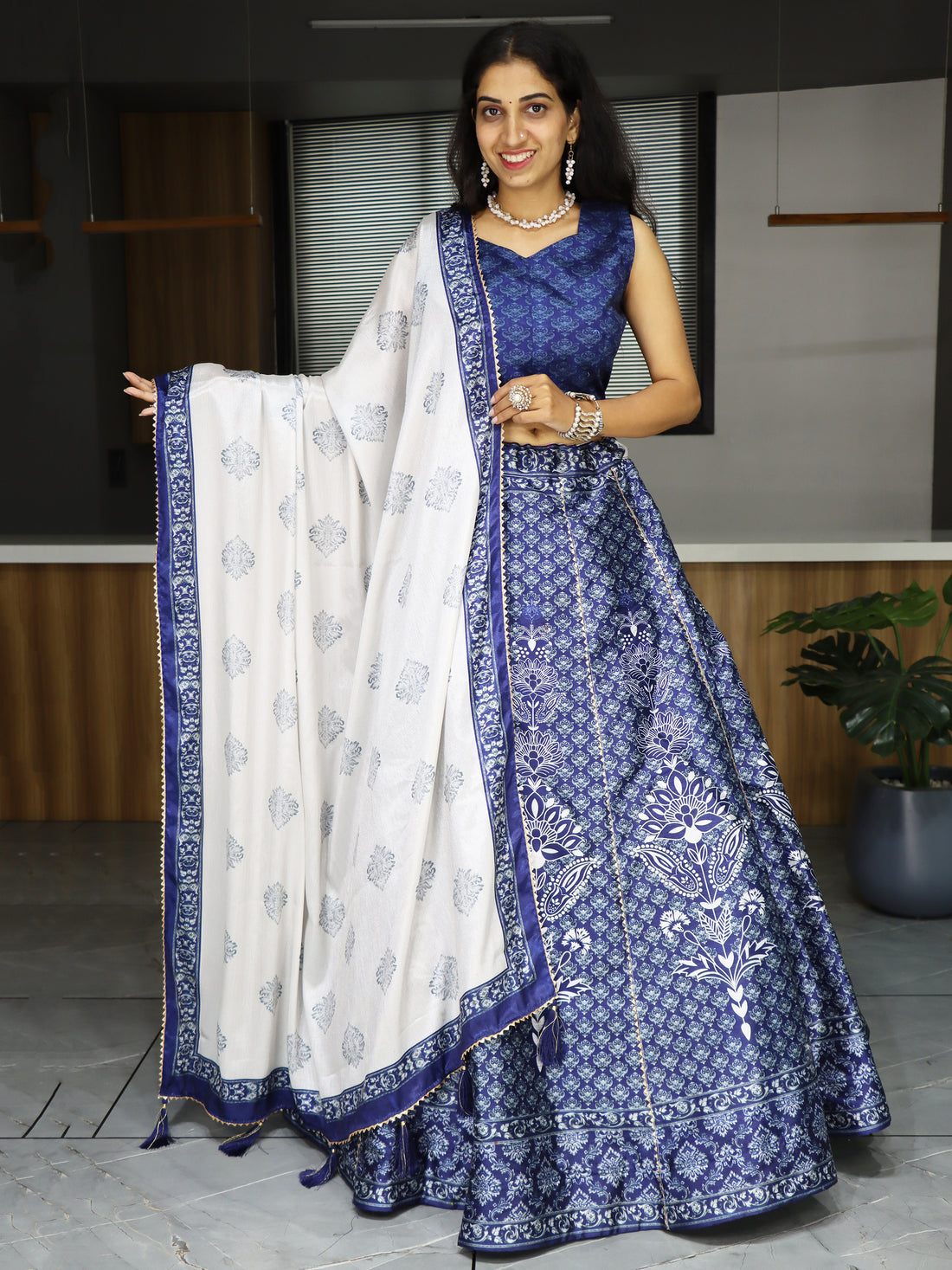 Adorable Navy Blue Printed Art Silk Event Wear Lehenga Choli