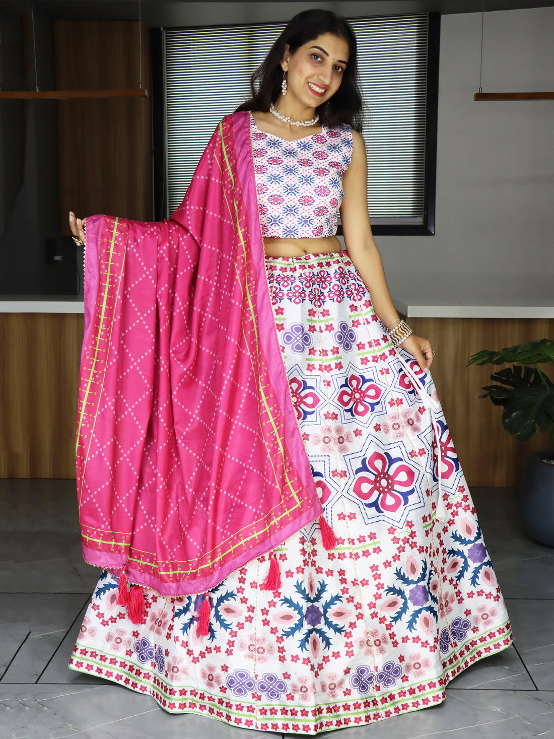 Astonishing White Digital Printed Art Silk Lehenga Choli With Dupatta