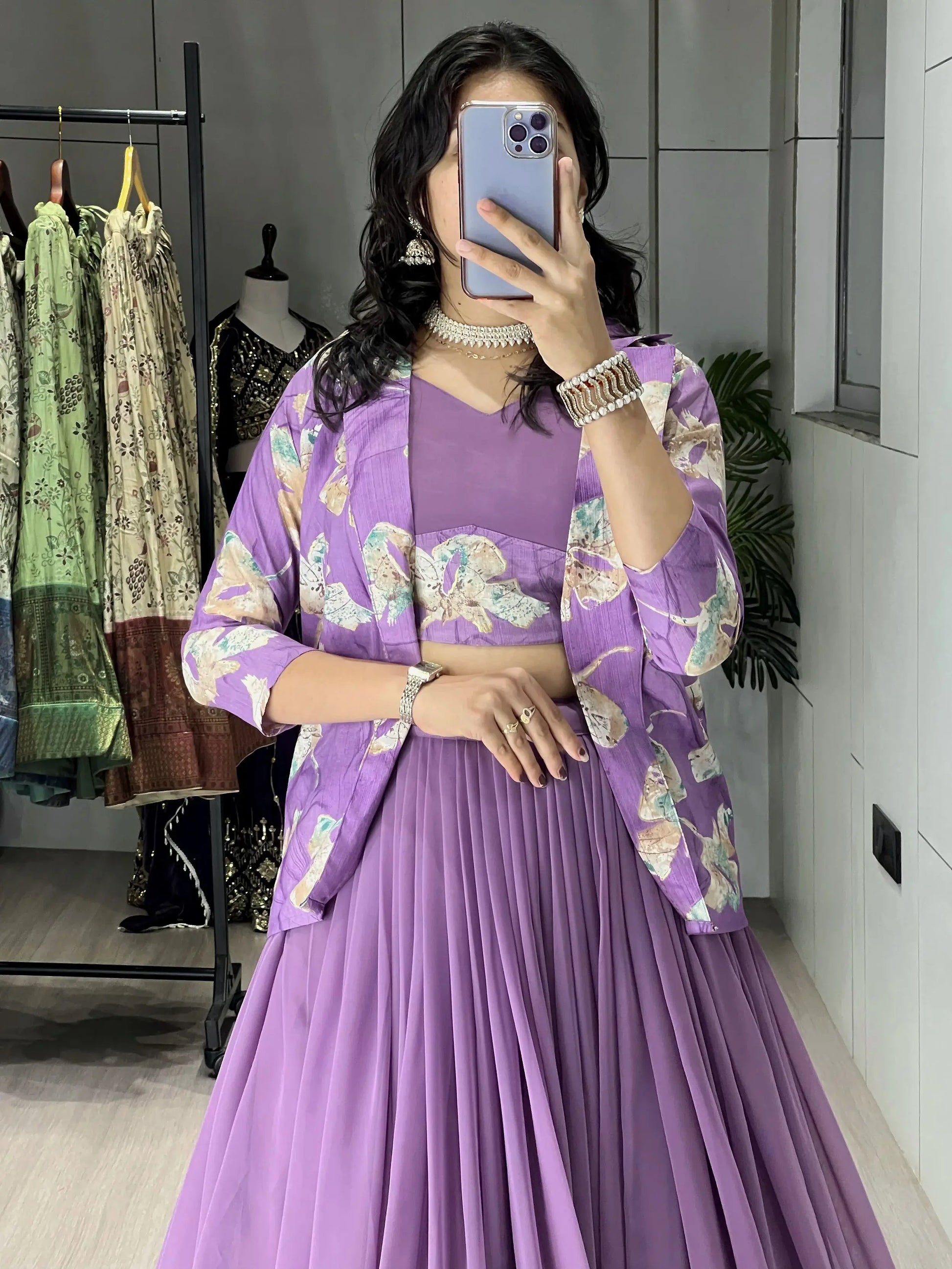 Stylish Lavender Georgette Designer Lehenga Choli With Printed Jacket