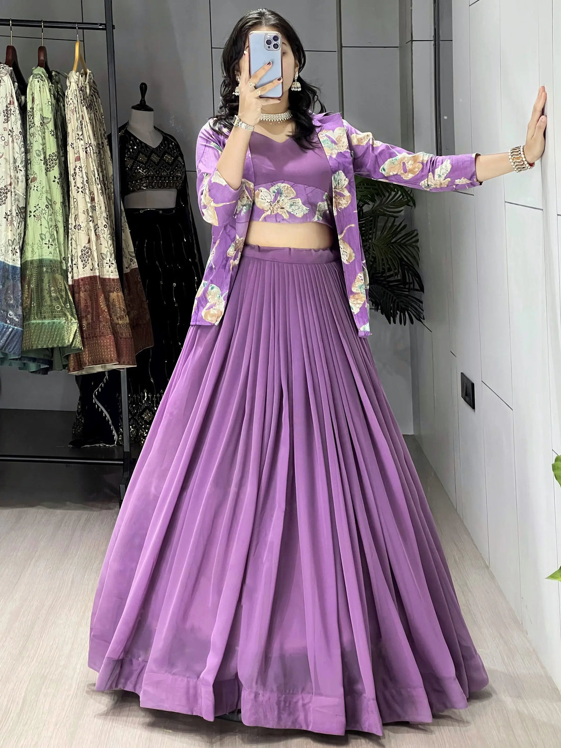 Stylish Lavender Georgette Designer Lehenga Choli With Printed Jacket
