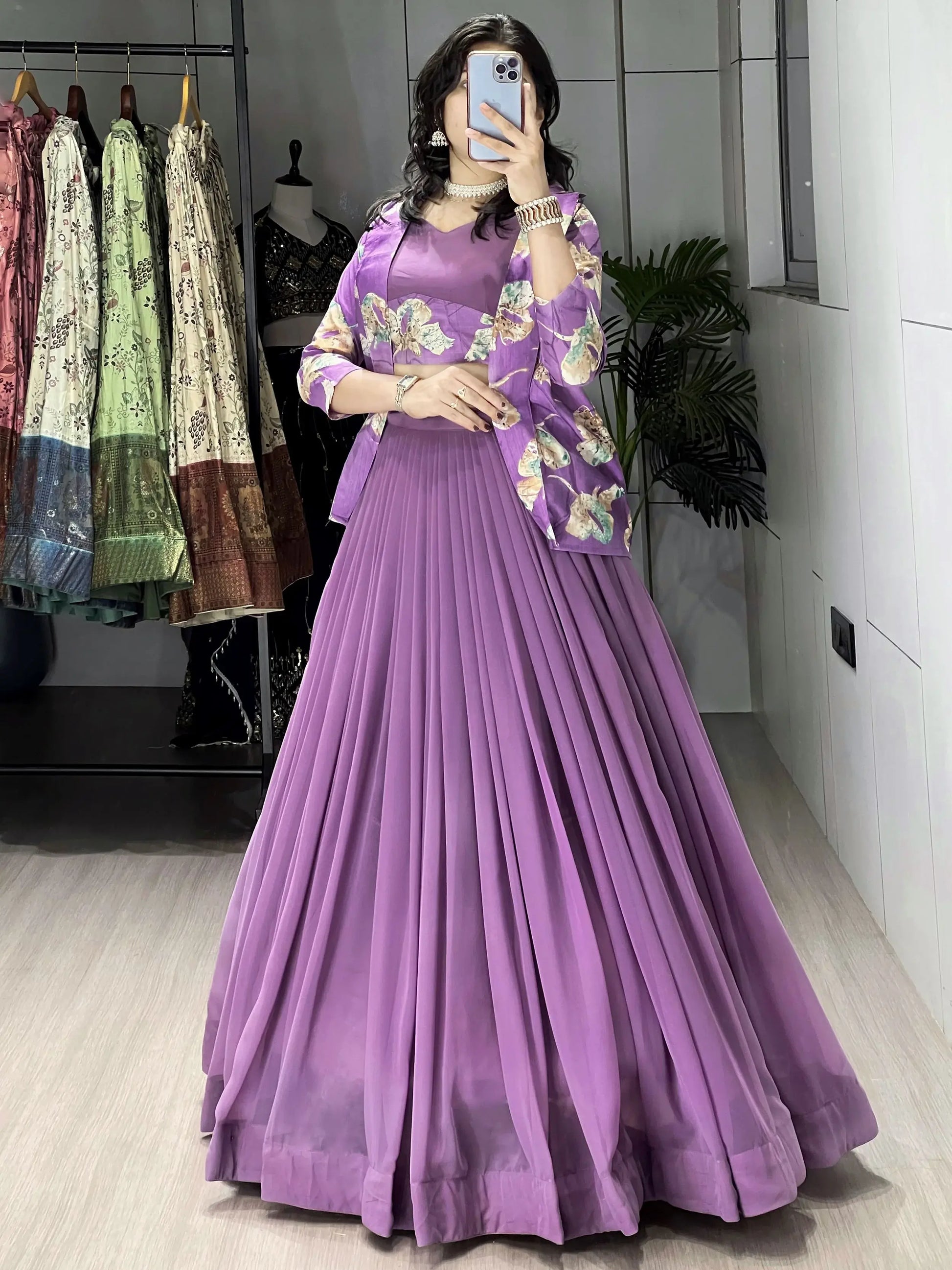 Stylish Lavender Georgette Designer Lehenga Choli With Printed Jacket