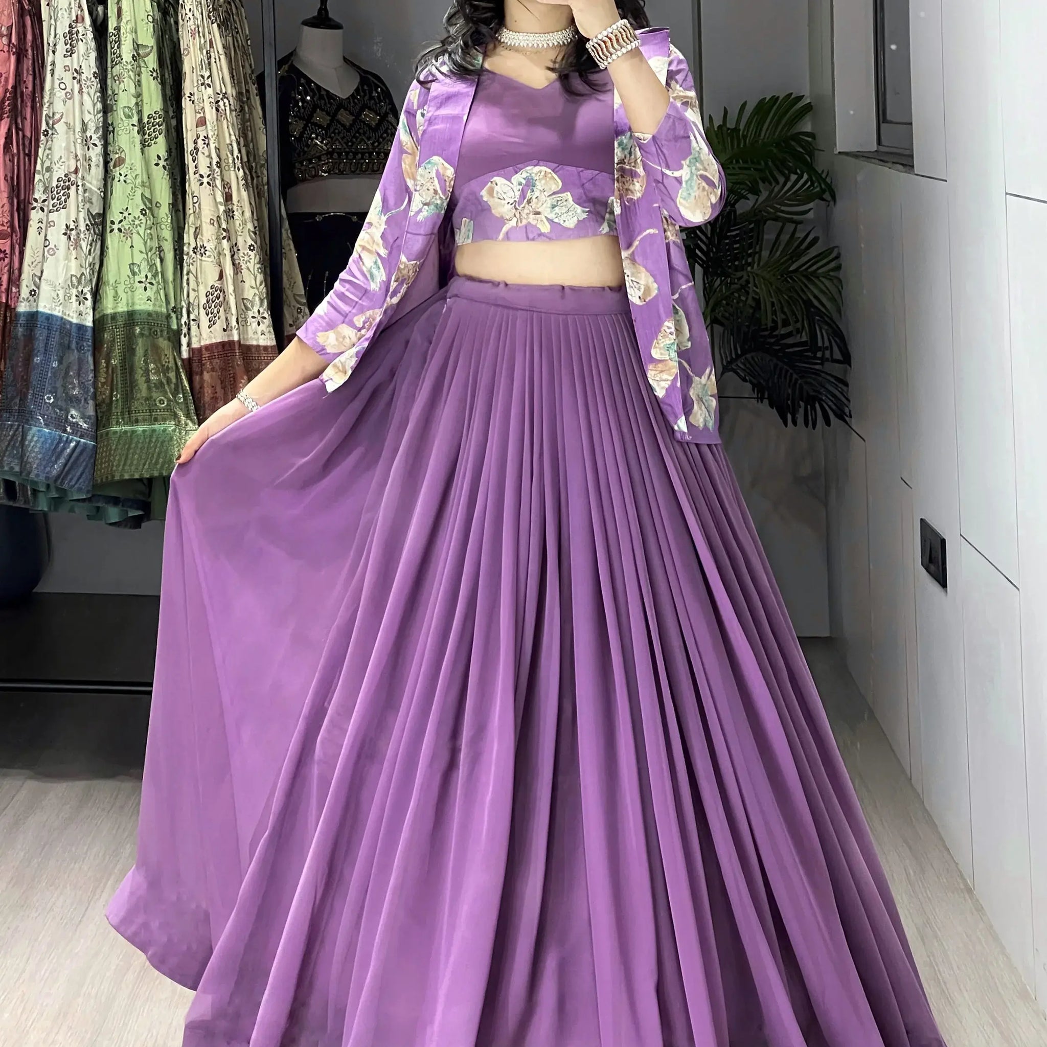 Stylish Lavender Georgette Designer Lehenga Choli With Printed Jacket