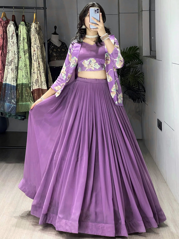 Stylish Lavender Georgette Designer Lehenga Choli With Printed Jacket