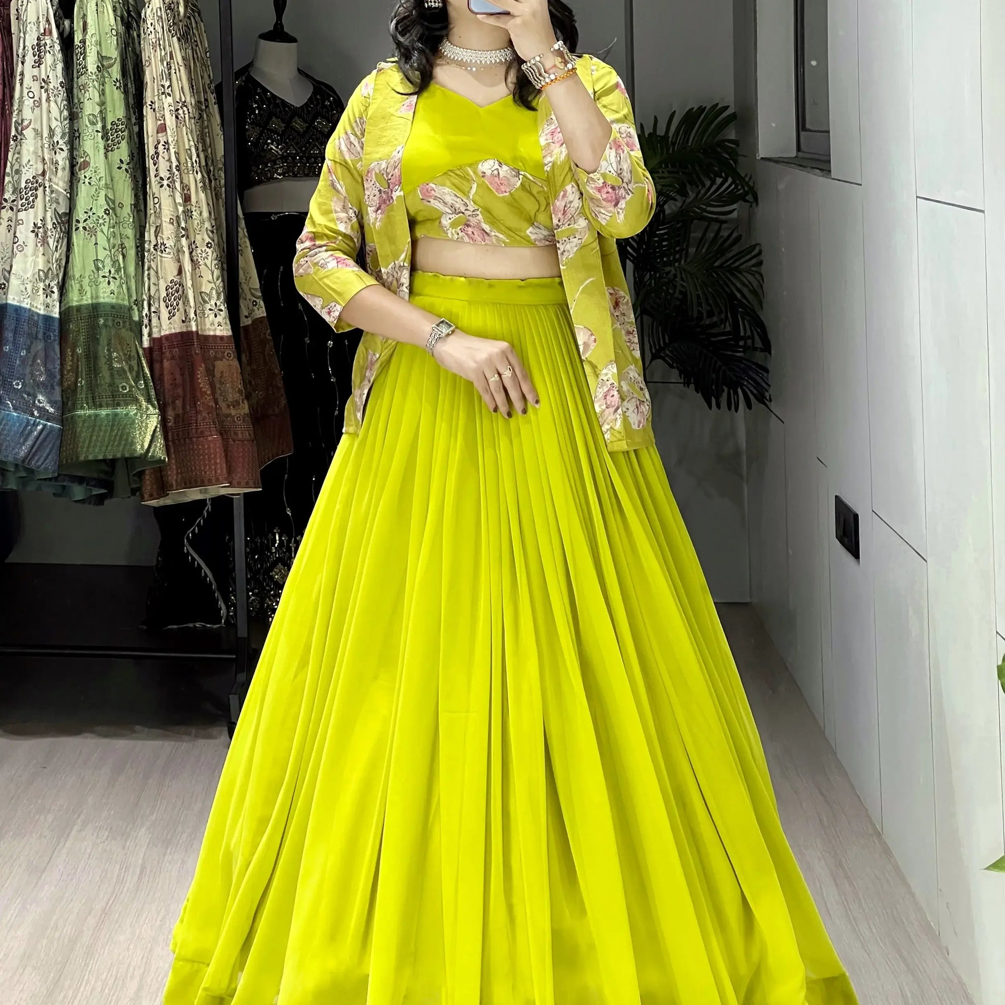 Delightful Green Georgette Function Wear Lehenga Choli With Printed Jacket