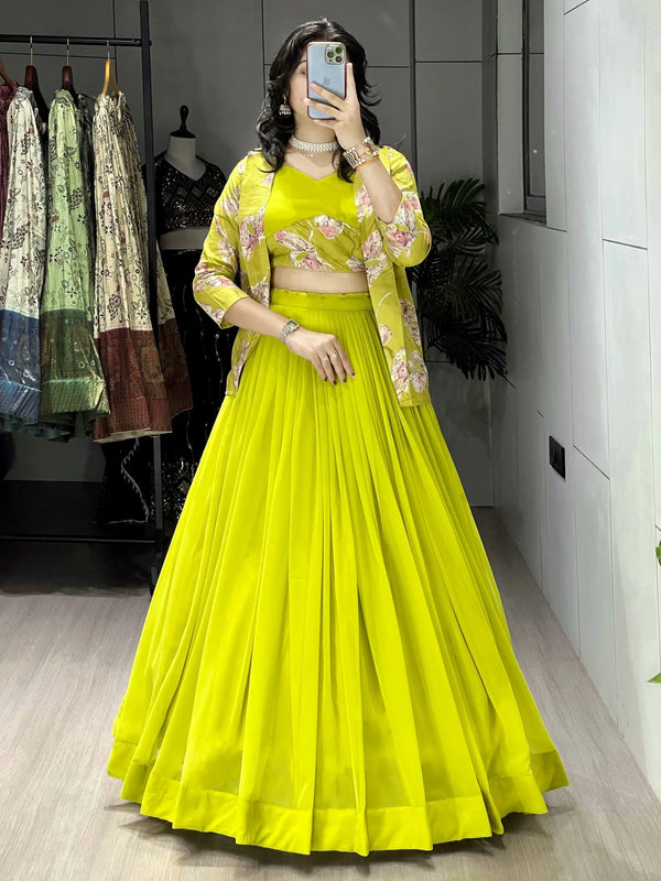 Delightful Green Georgette Function Wear Lehenga Choli With Printed Jacket