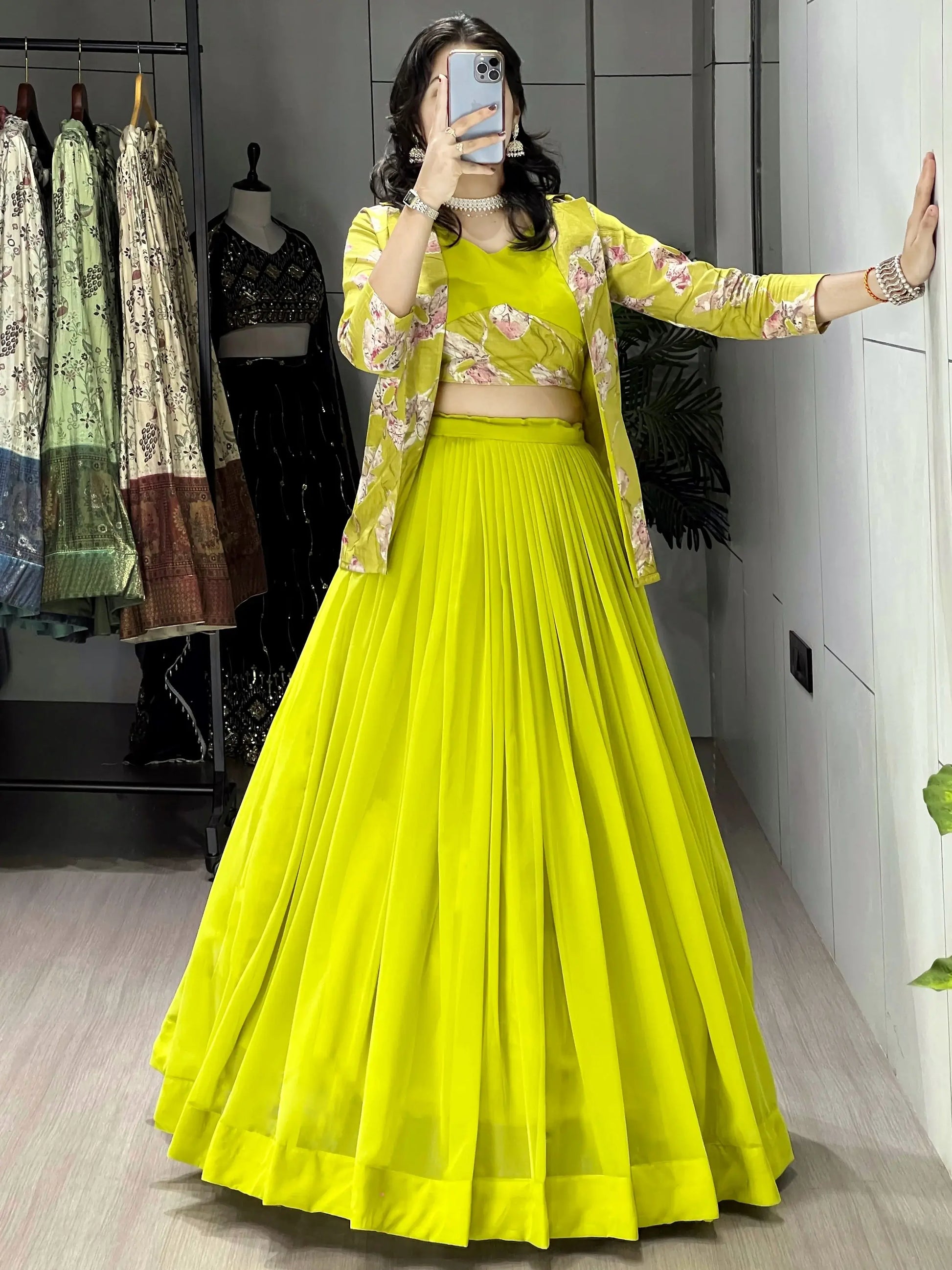 Delightful Green Georgette Function Wear Lehenga Choli With Printed Jacket
