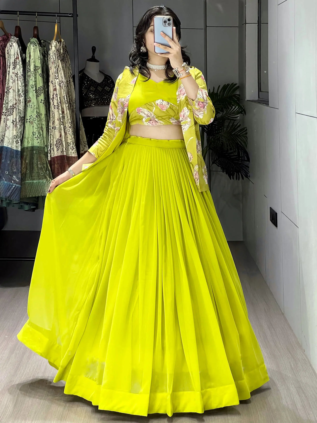 Delightful Green Georgette Function Wear Lehenga Choli With Printed Jacket