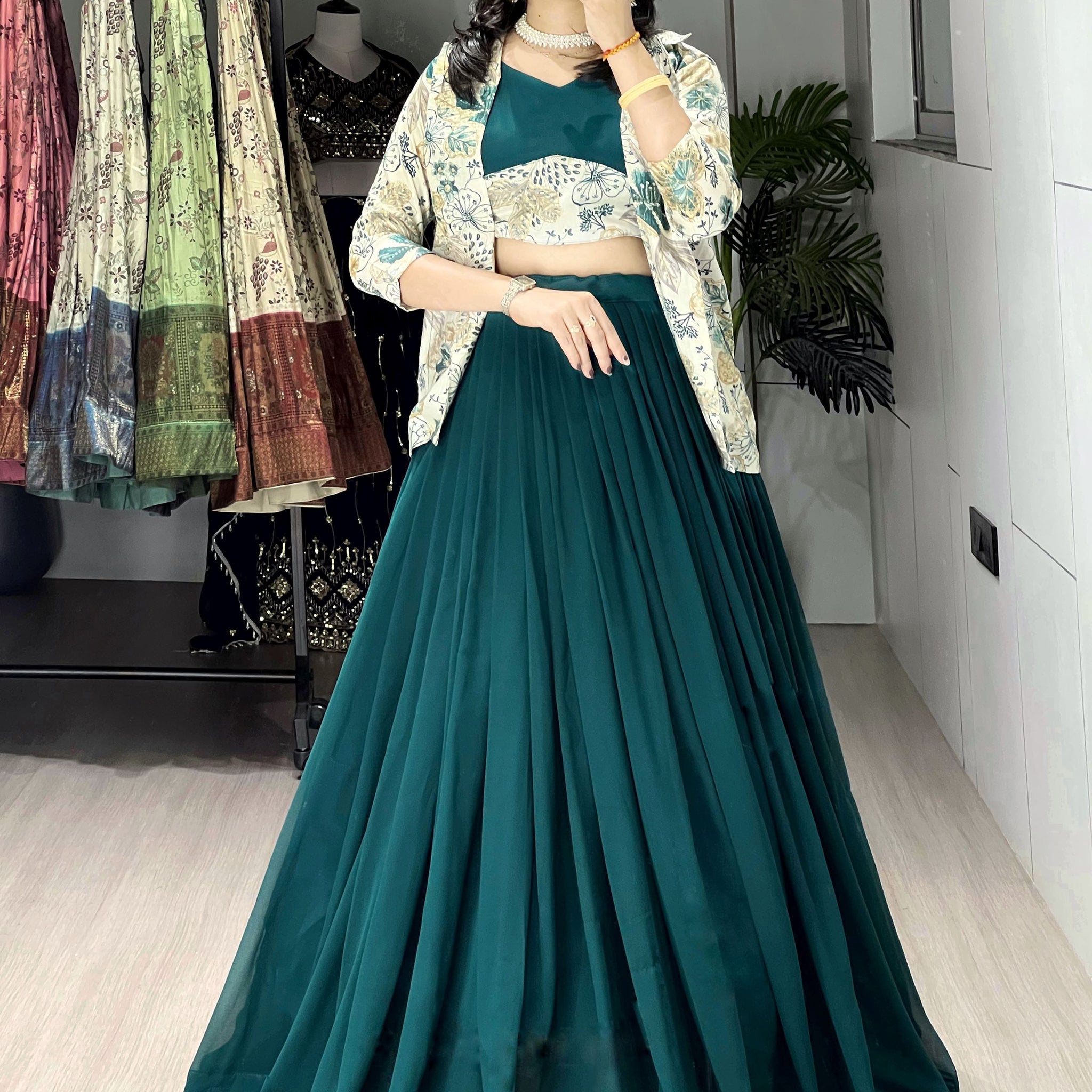 Perfect Green Georgette Event Wear Lehenga Choli With Printed Jacket